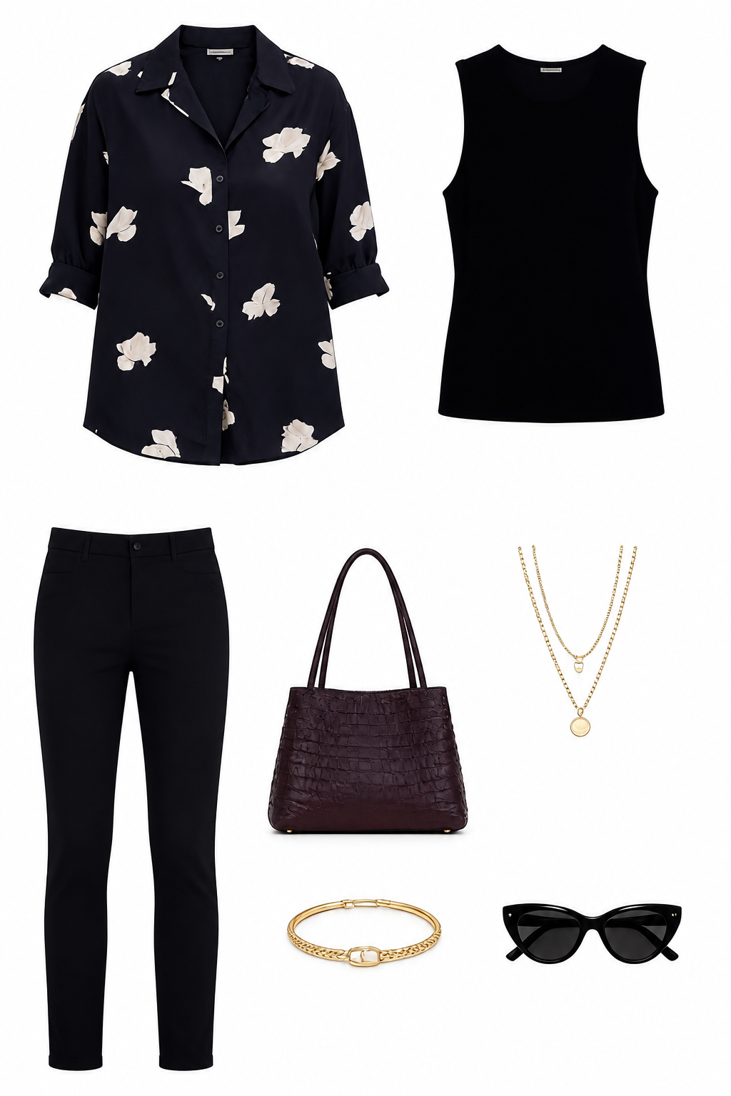 Black floral shirt and slim black trousers