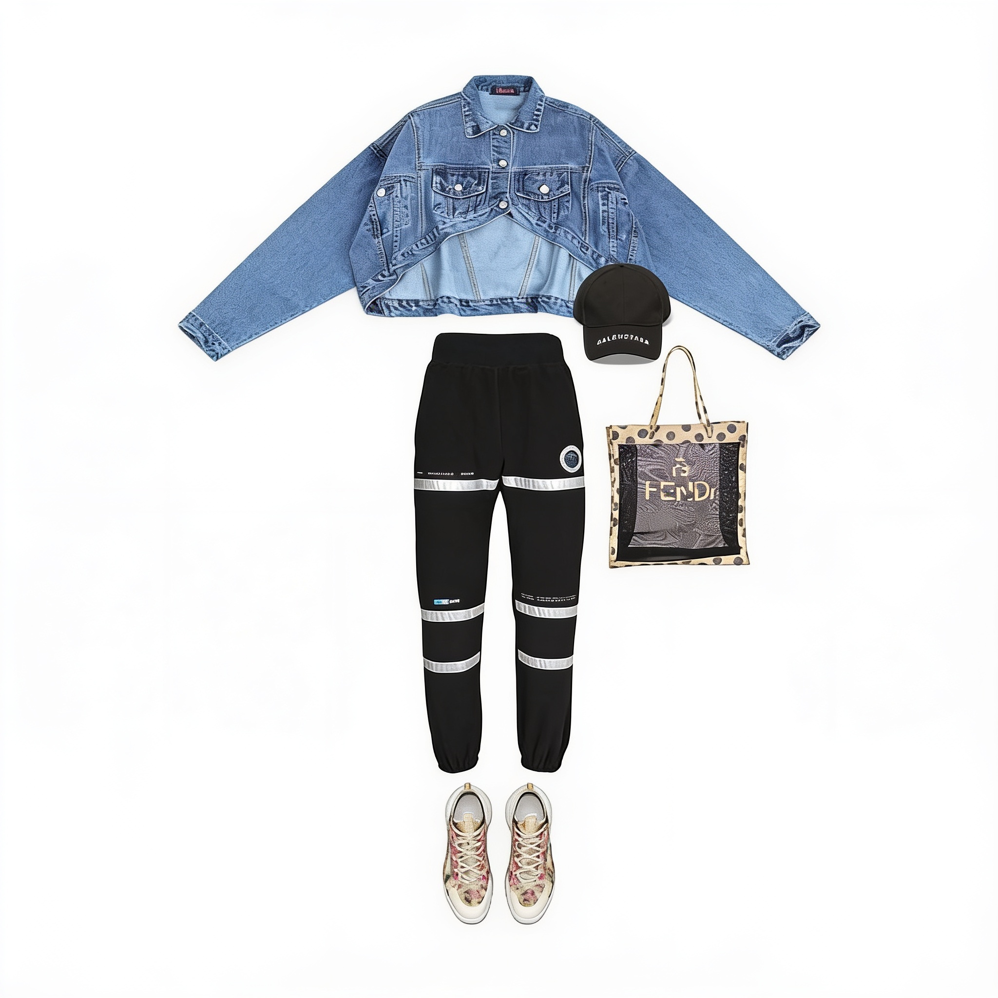 Cropped denim jacket and reflective joggers
