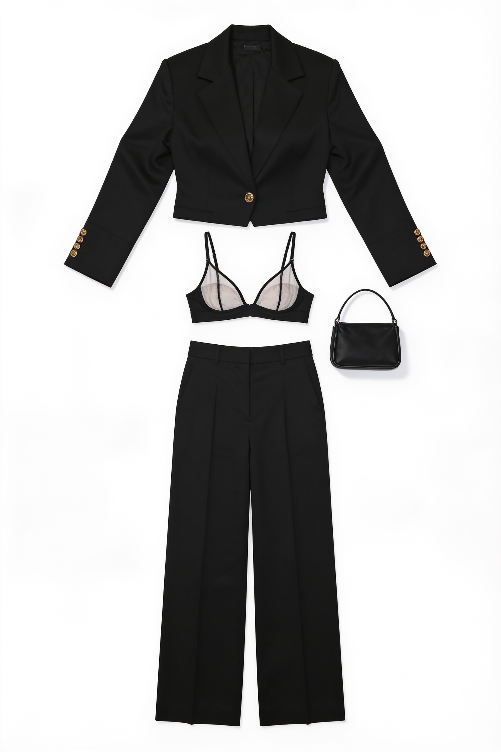 Black fitted jacket and flared trousers
