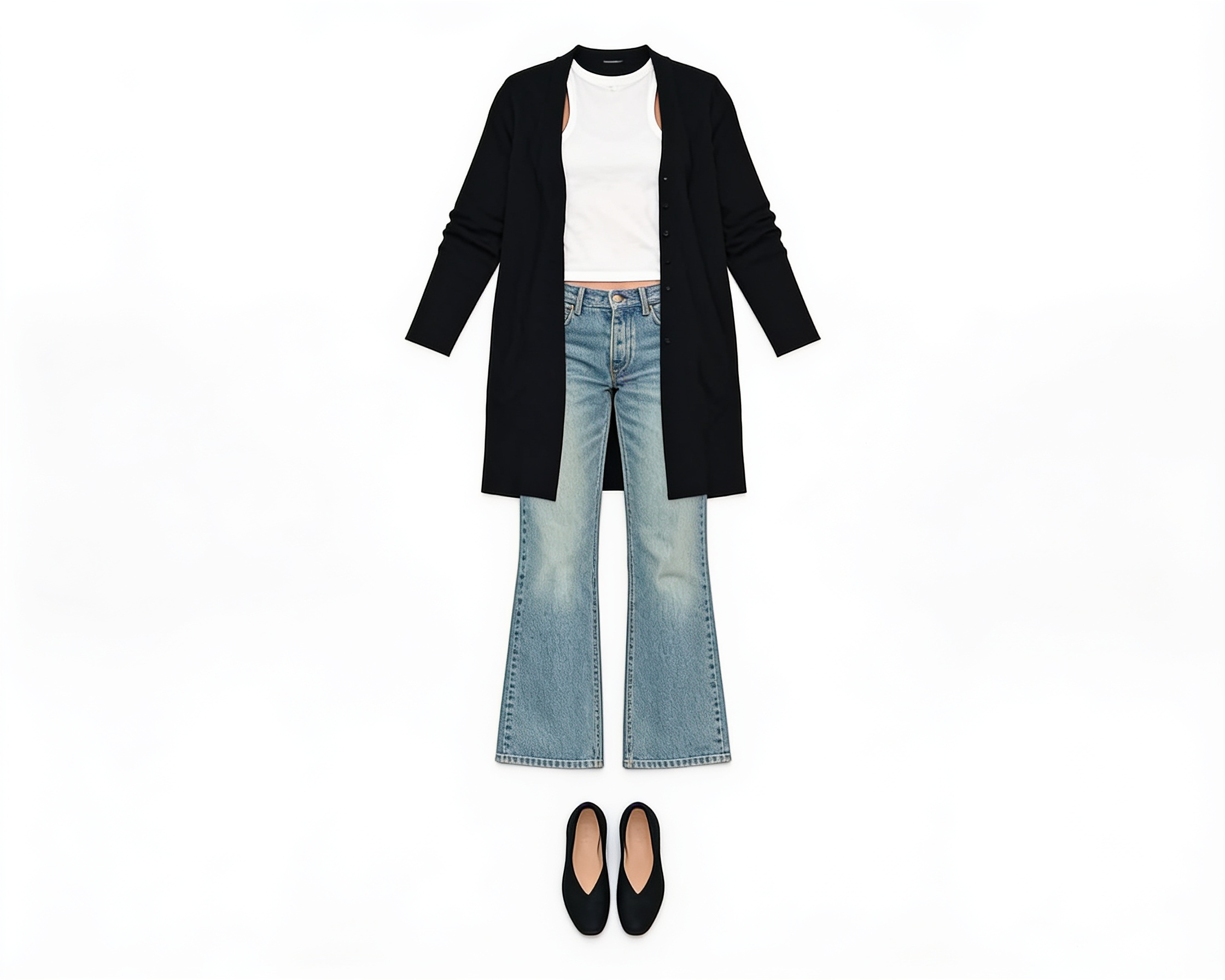 Black long cardigan and light-wash jeans