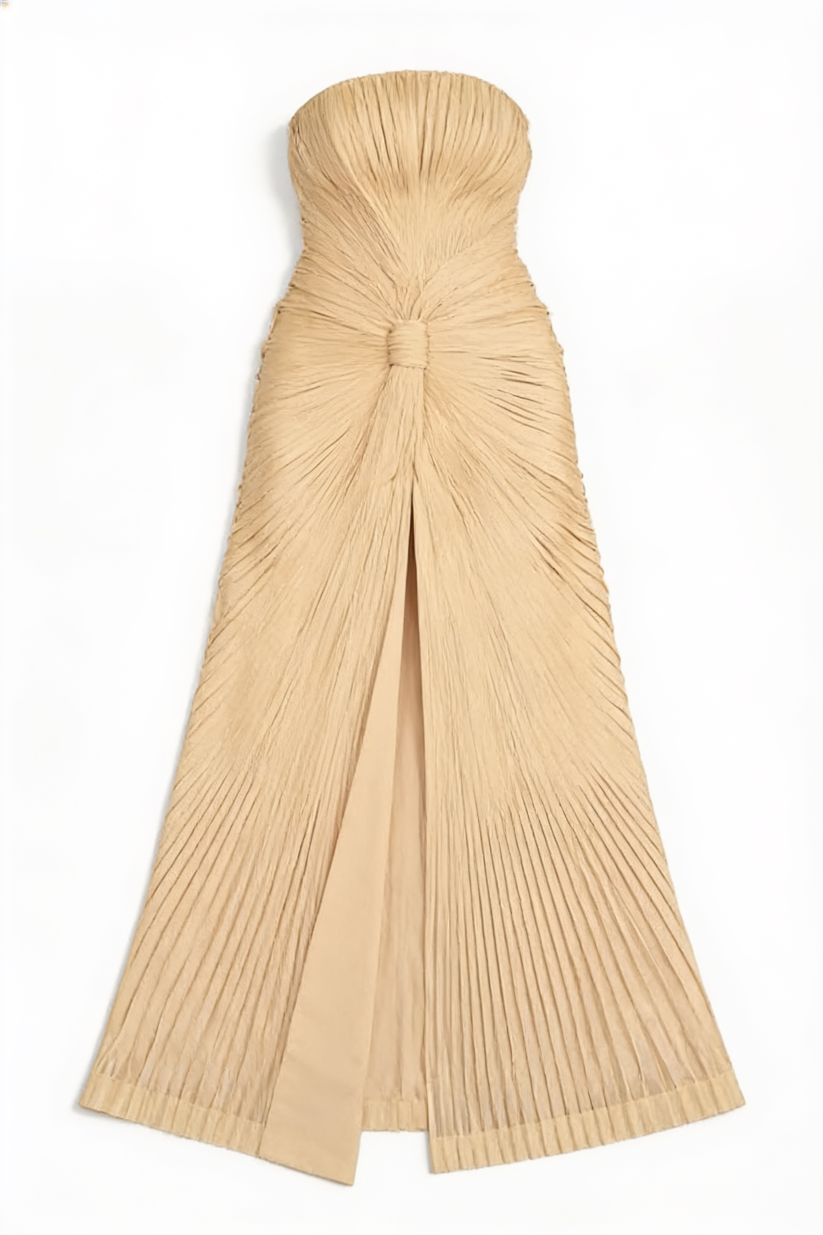Pale yellow strapless draped gown