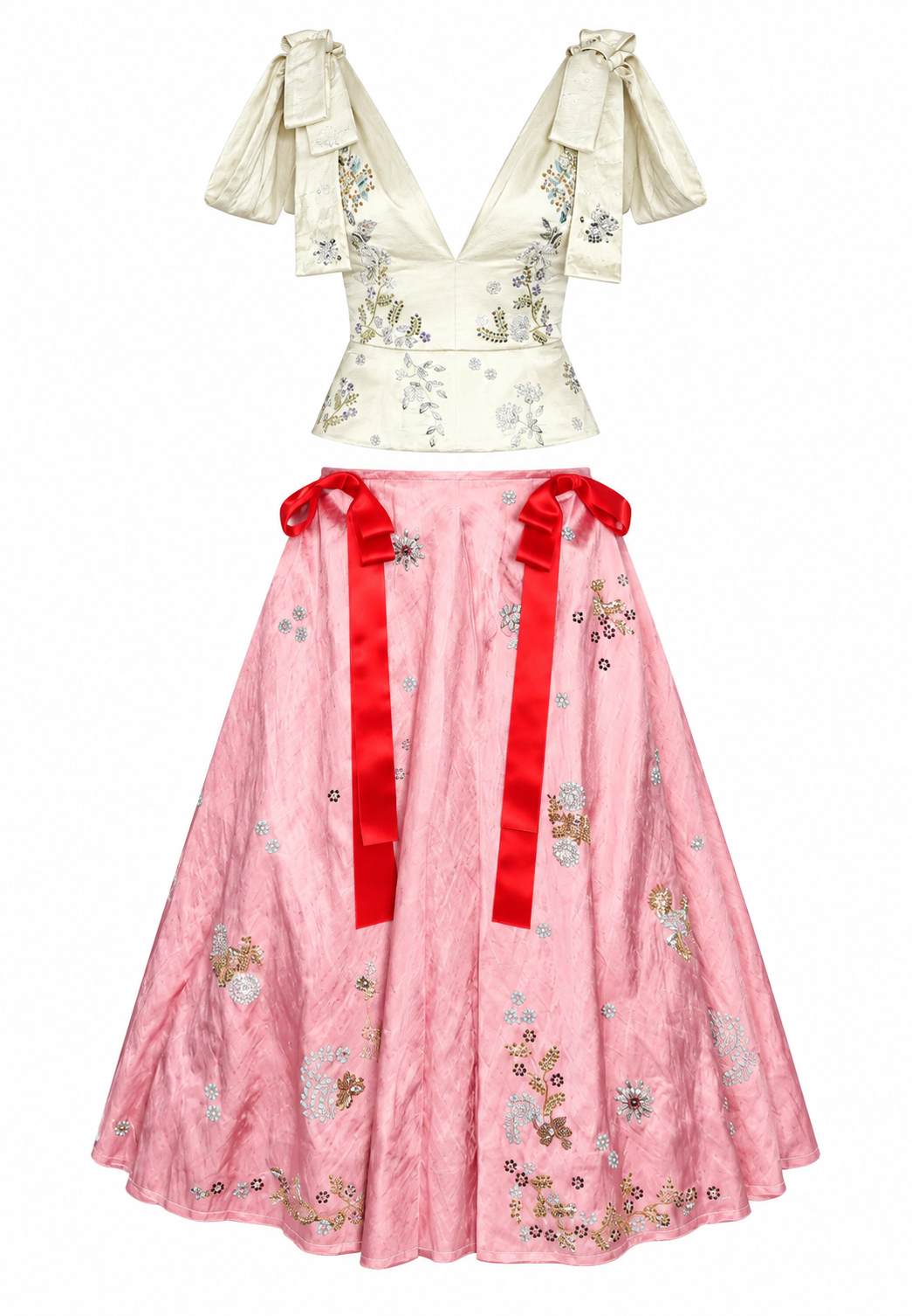 Ivory floral top and pink ribbon midi skirt