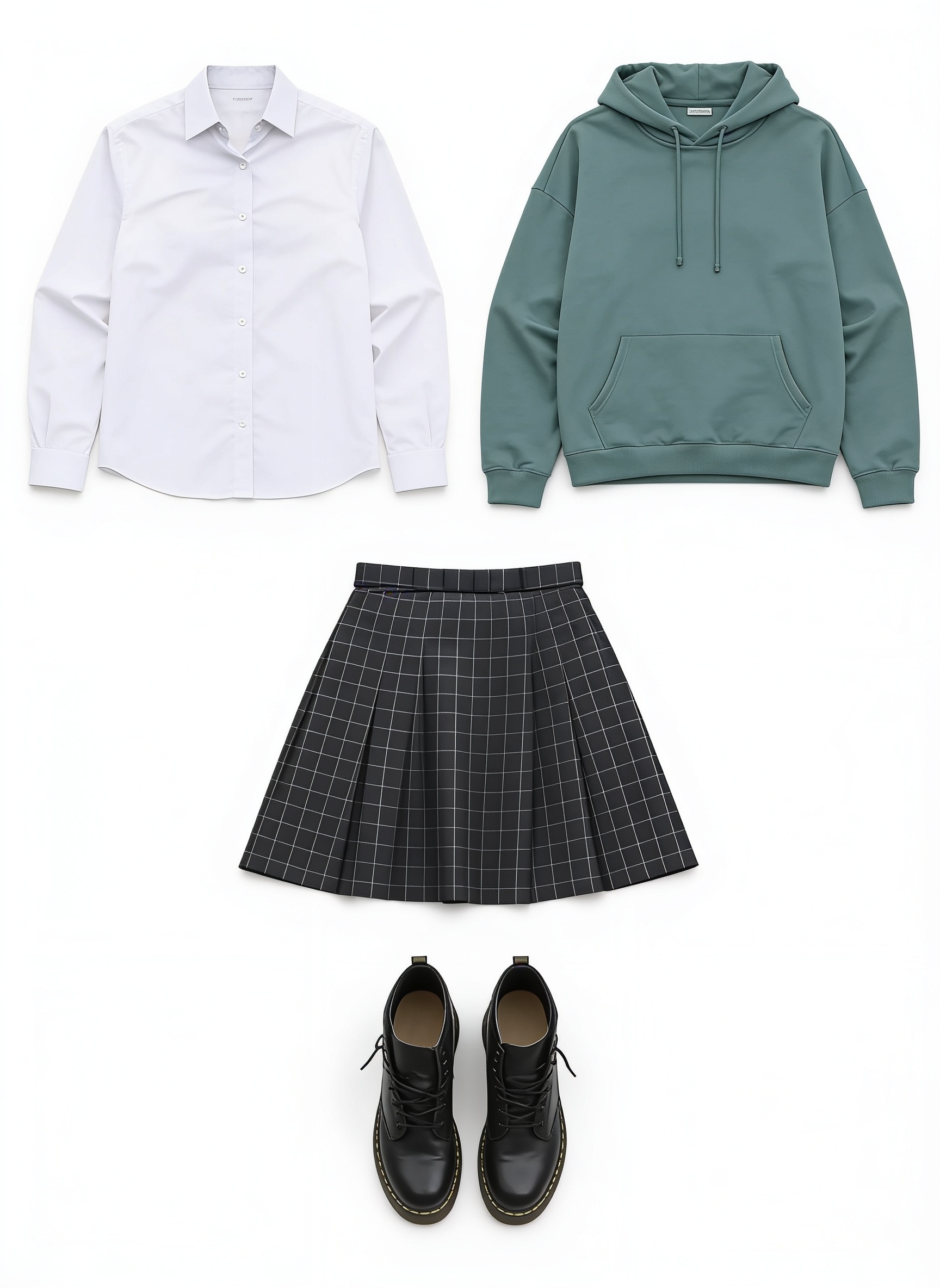 Sage hoodie, white shirt and checked mini skirt