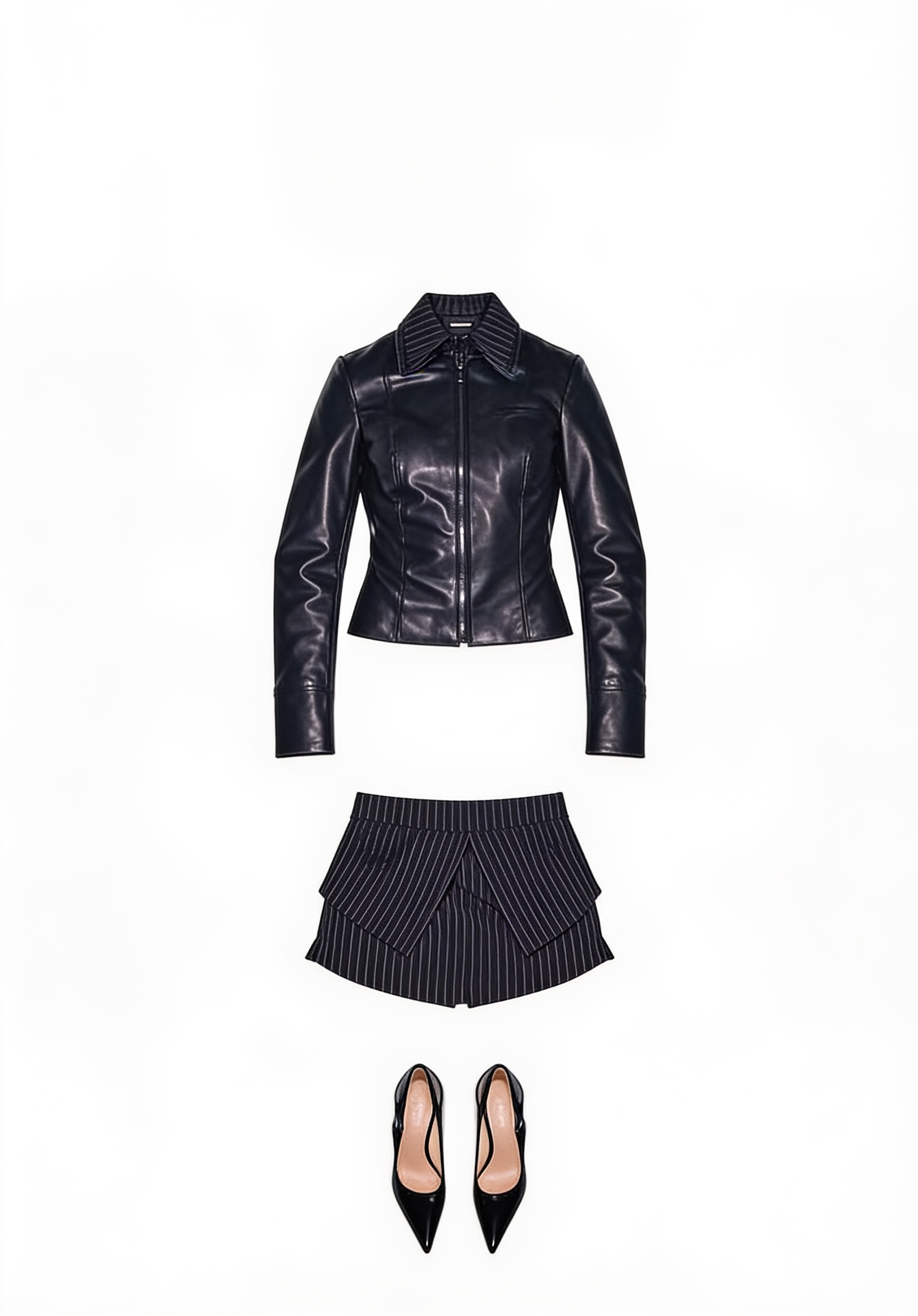 Black leather zip jacket and mini skirt