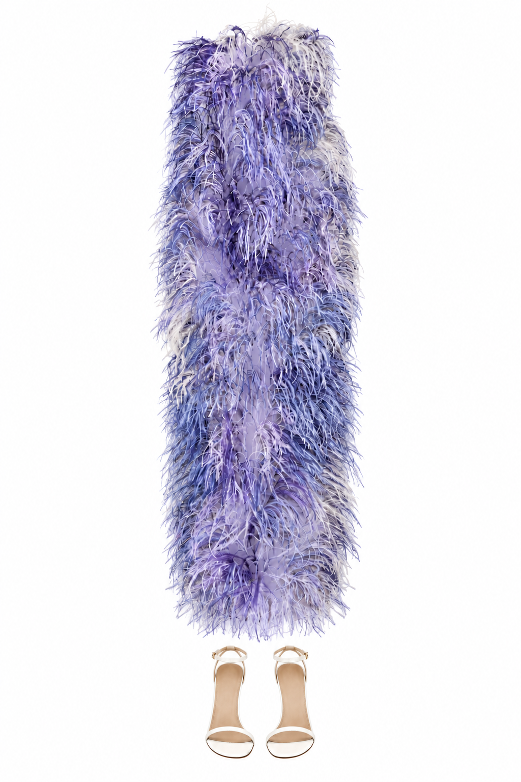 Lavender feather gown and white sandals