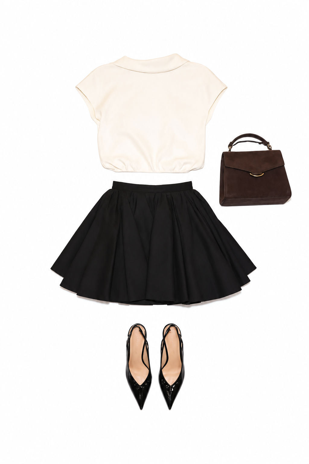 White cap-sleeve top and black pleated mini skirt