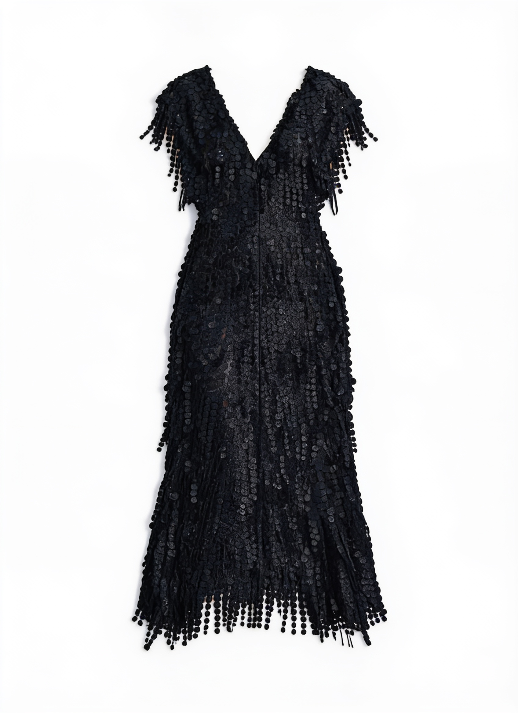 Black fringed short-sleeve midi dress