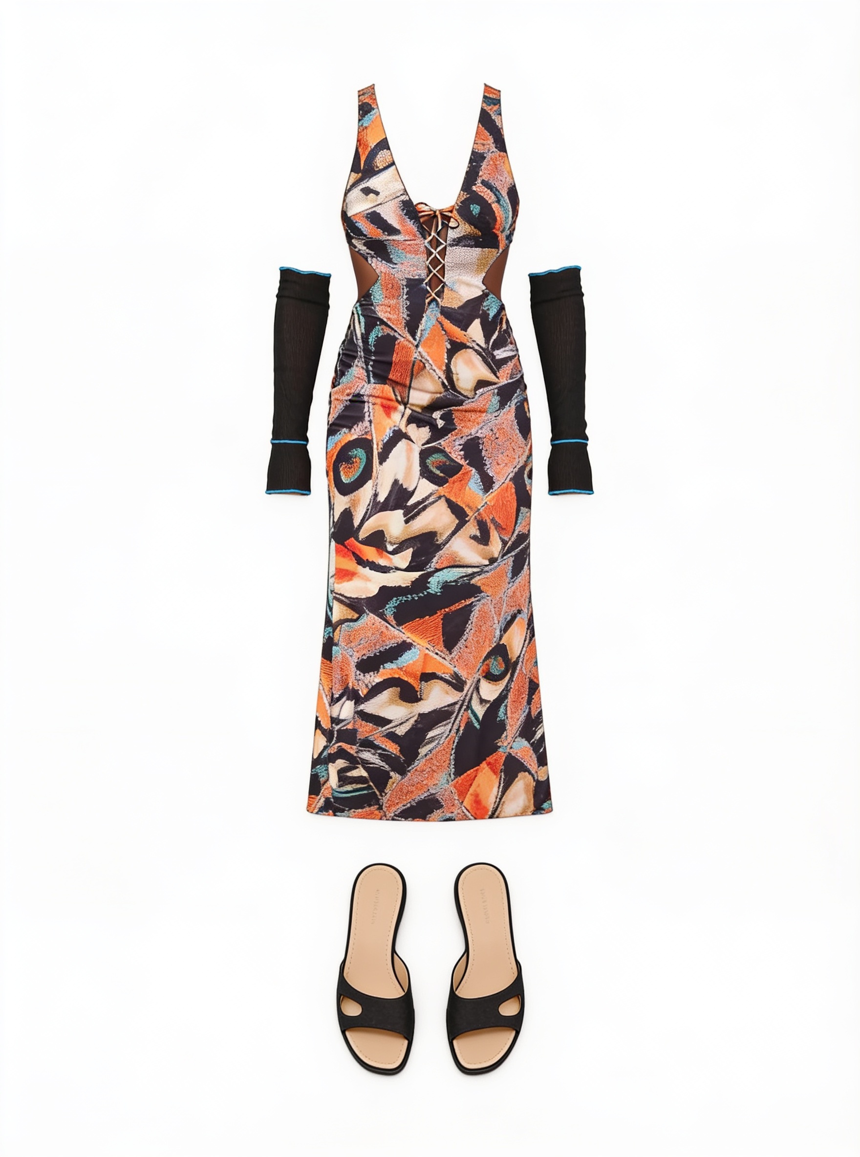 Multicoloured floral gown and long black gloves