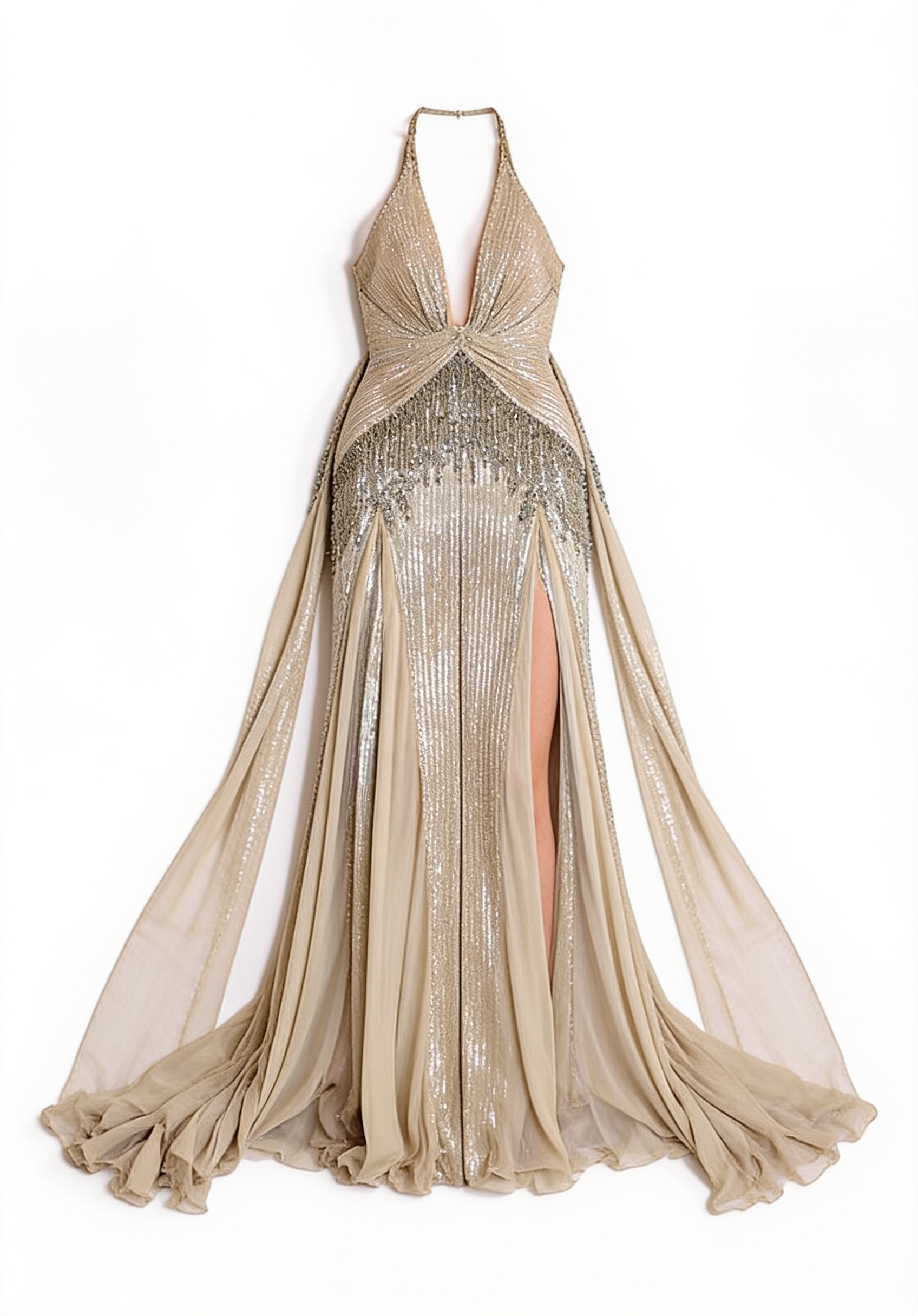 Champagne draped halter gown