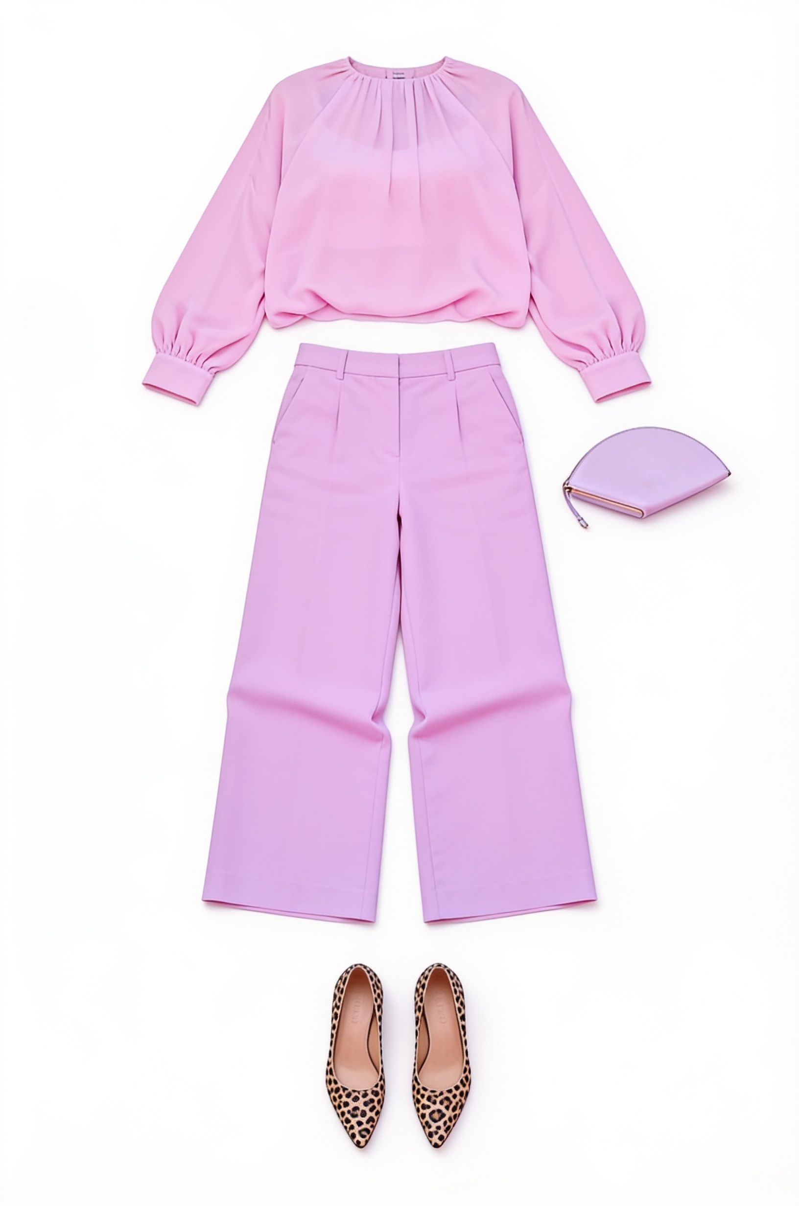 Pink draped blouse and wide-leg trousers