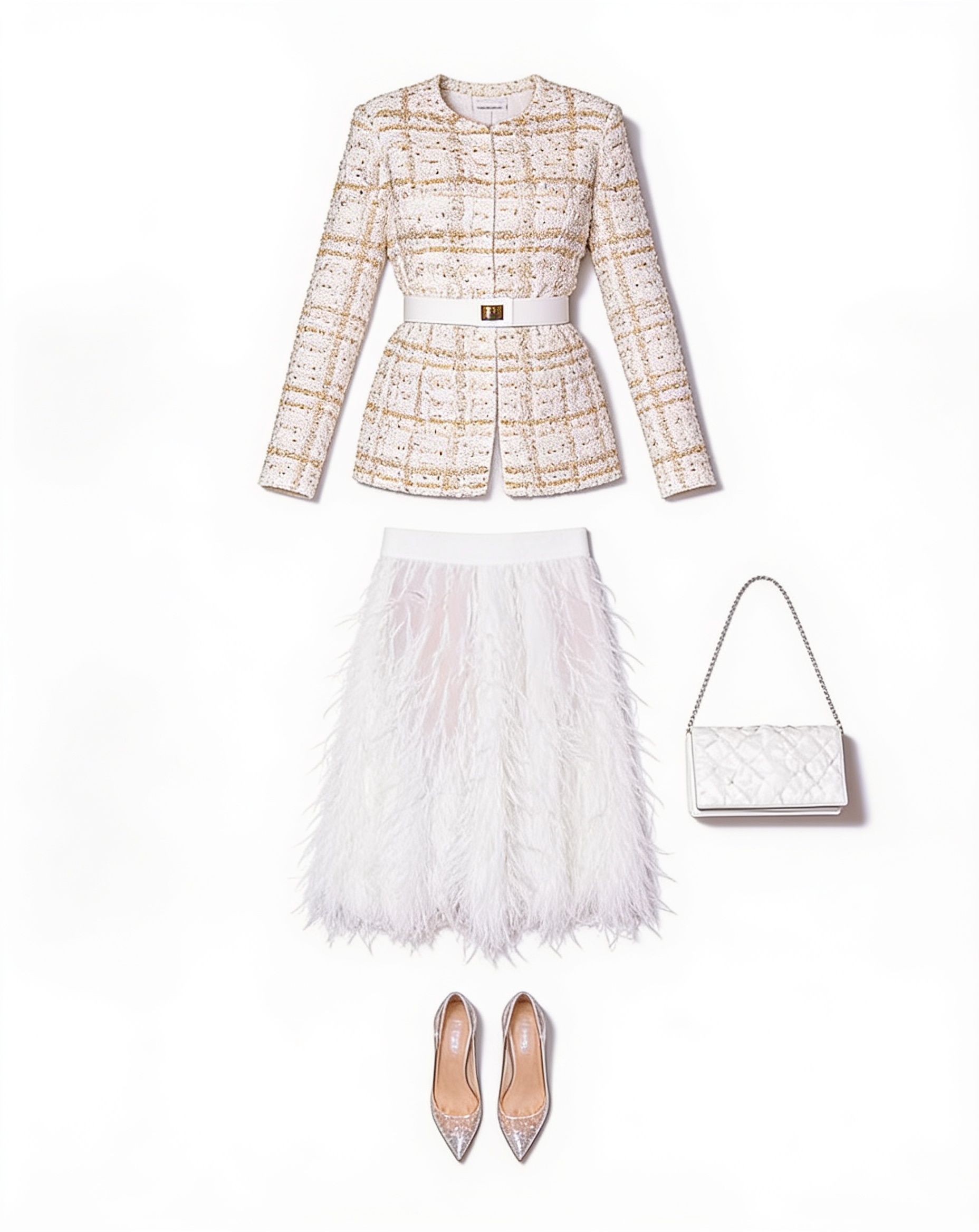 White tweed feather-hem skirt suit