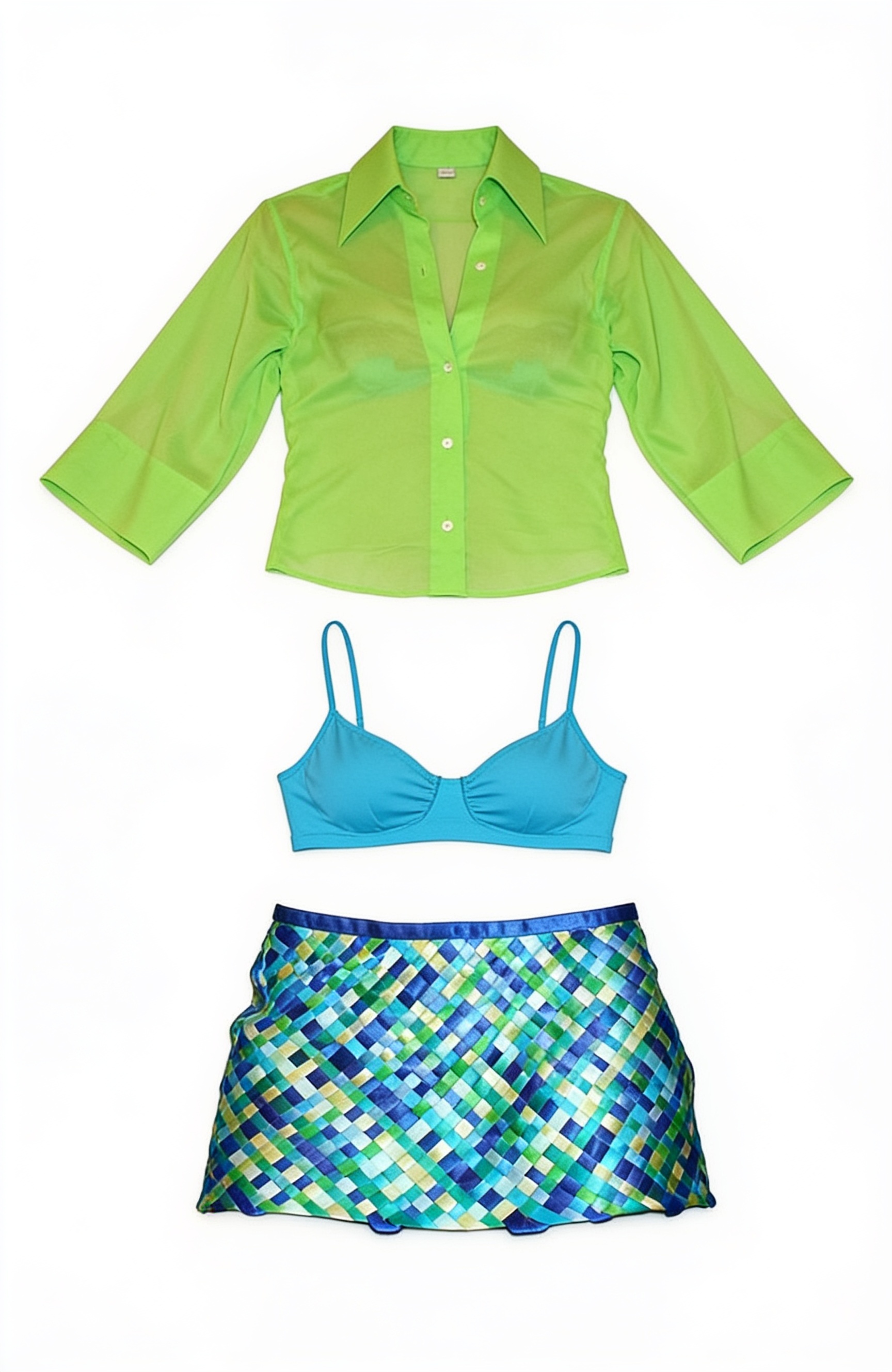 Lime green blouse and blue sequin mini skirt