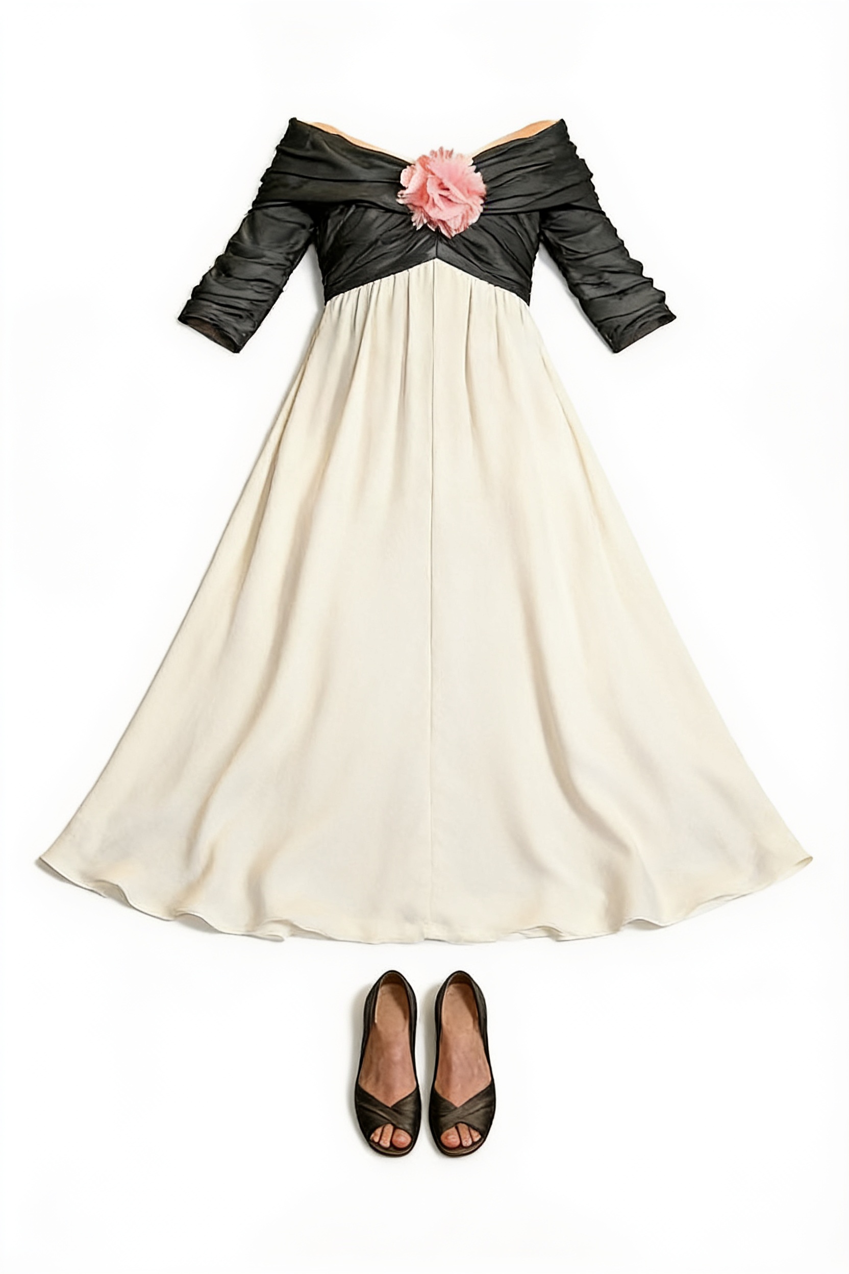 Black rose-trim bodice and ivory flowing dress