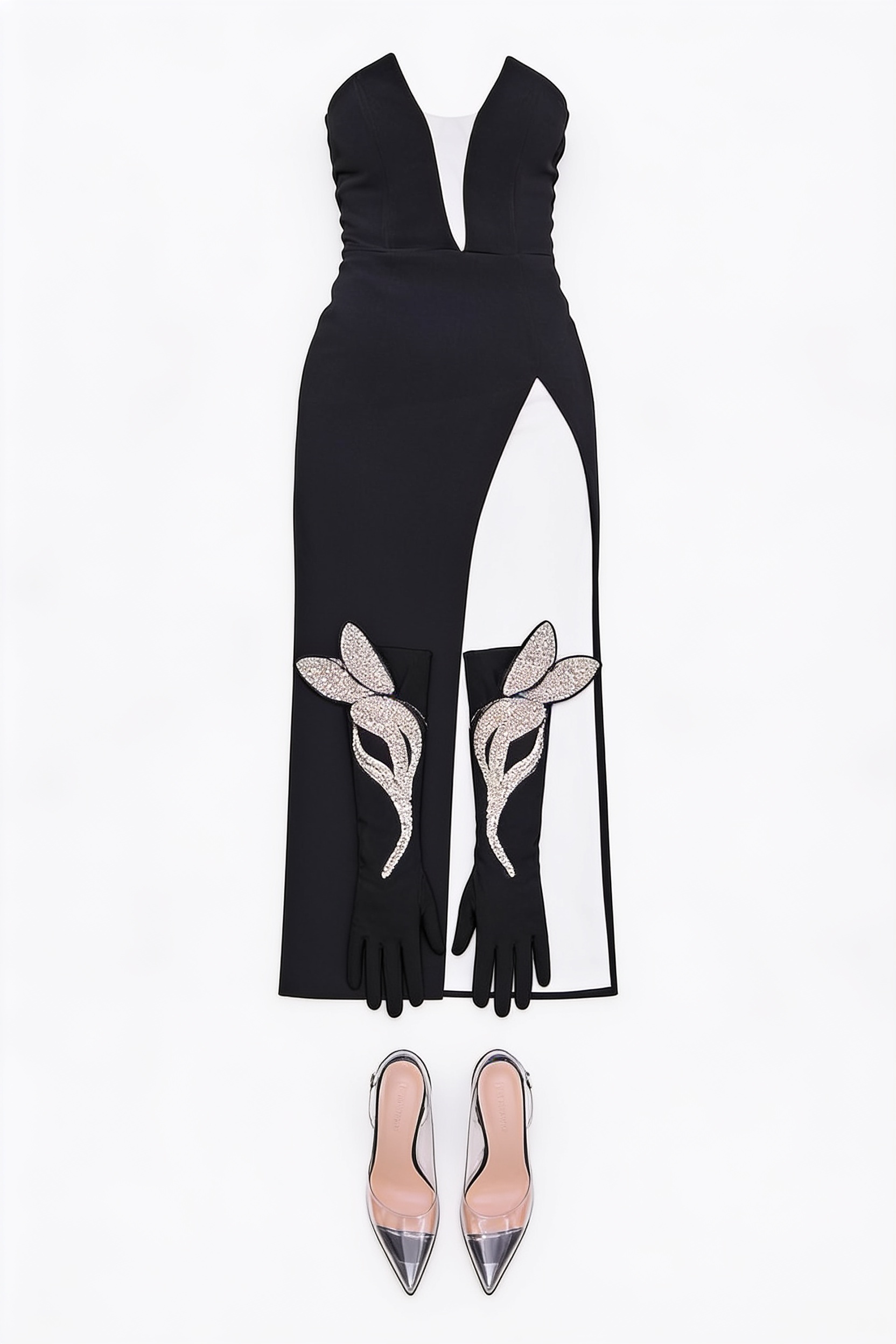Black strapless slit gown and long gloves