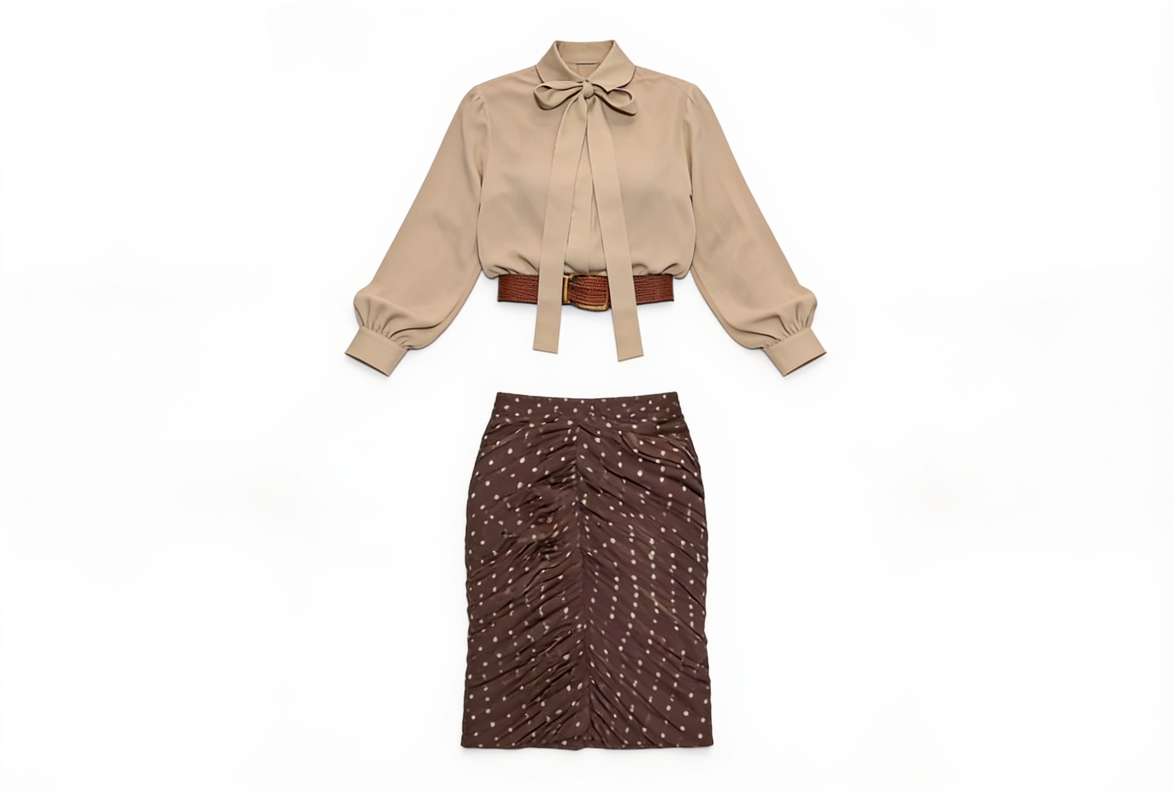 Beige bow blouse and patterned midi skirt