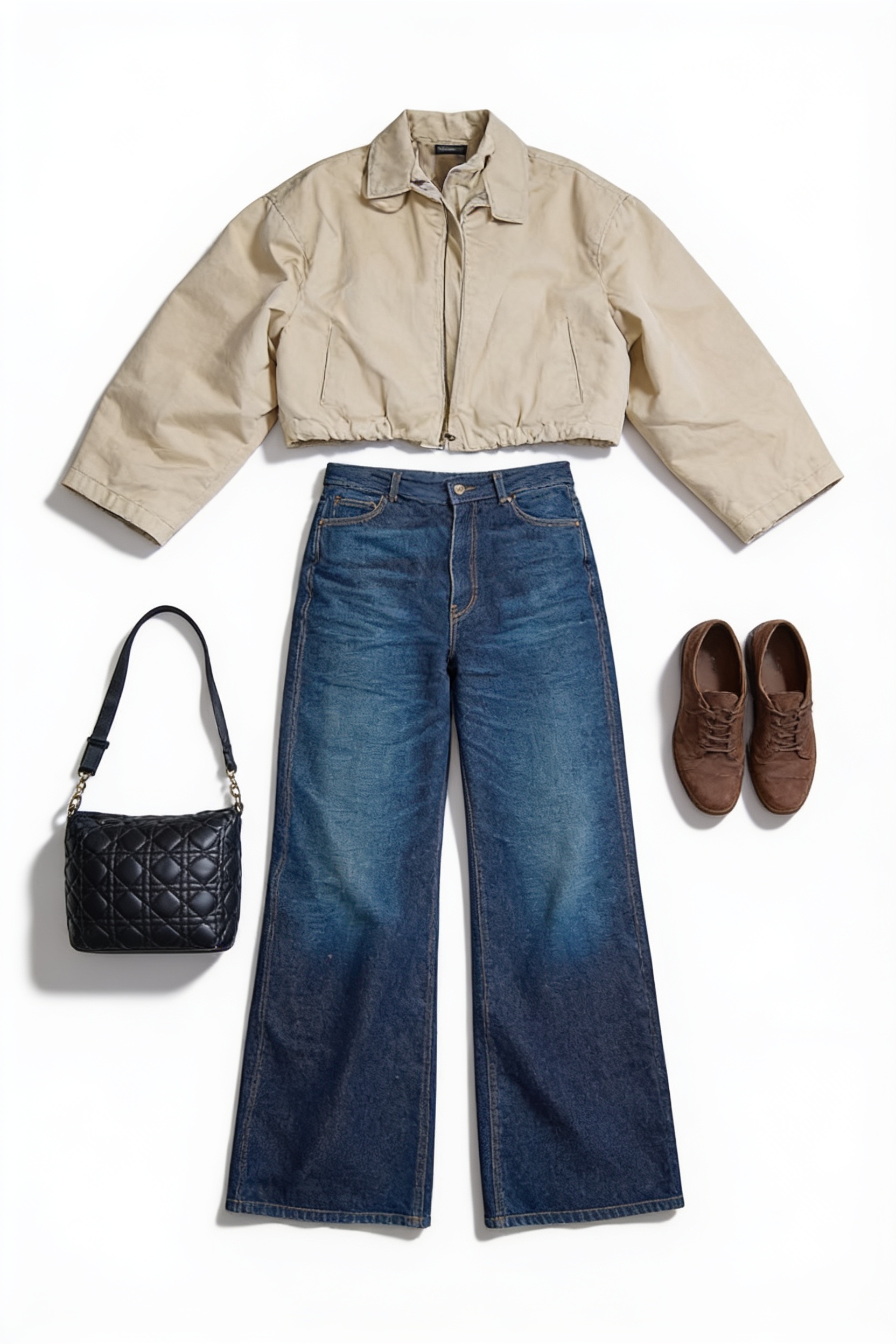 Sage cropped jacket and wide-leg jeans