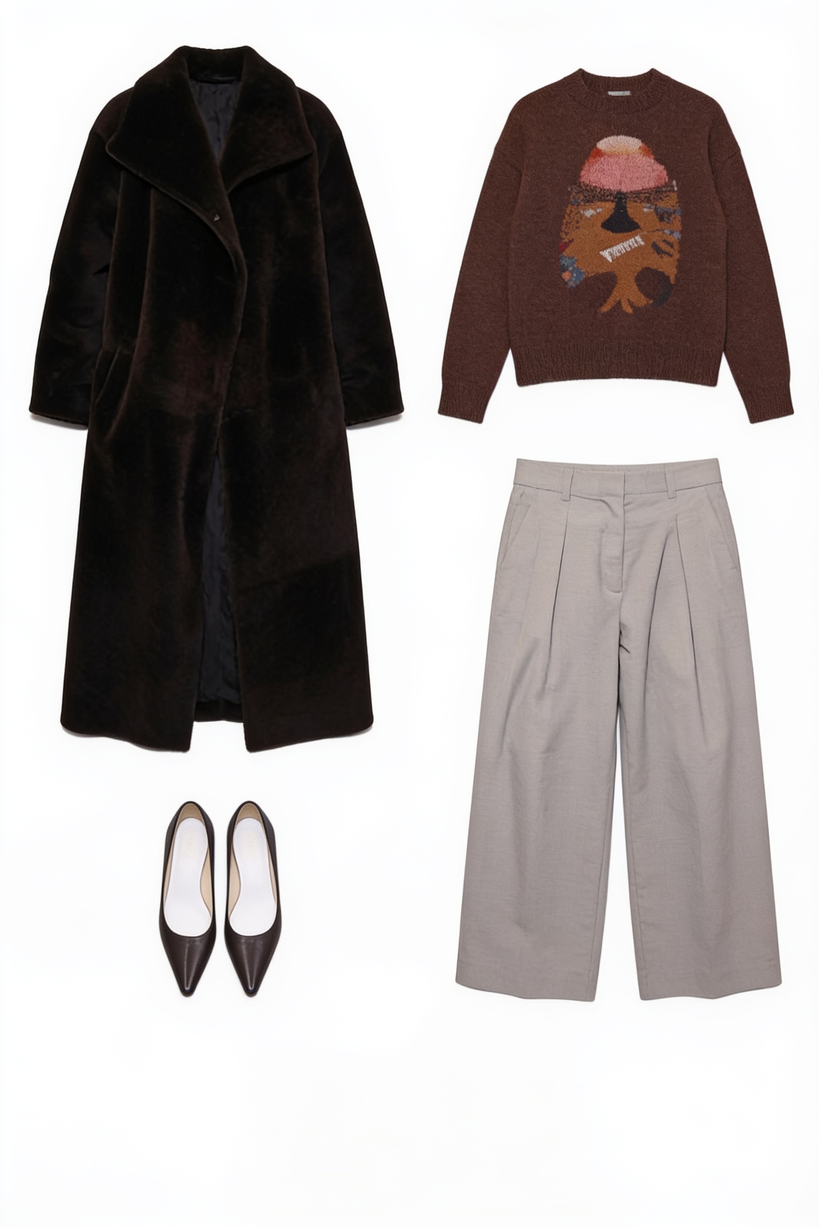 Chocolate long coat and grey pleated trousers