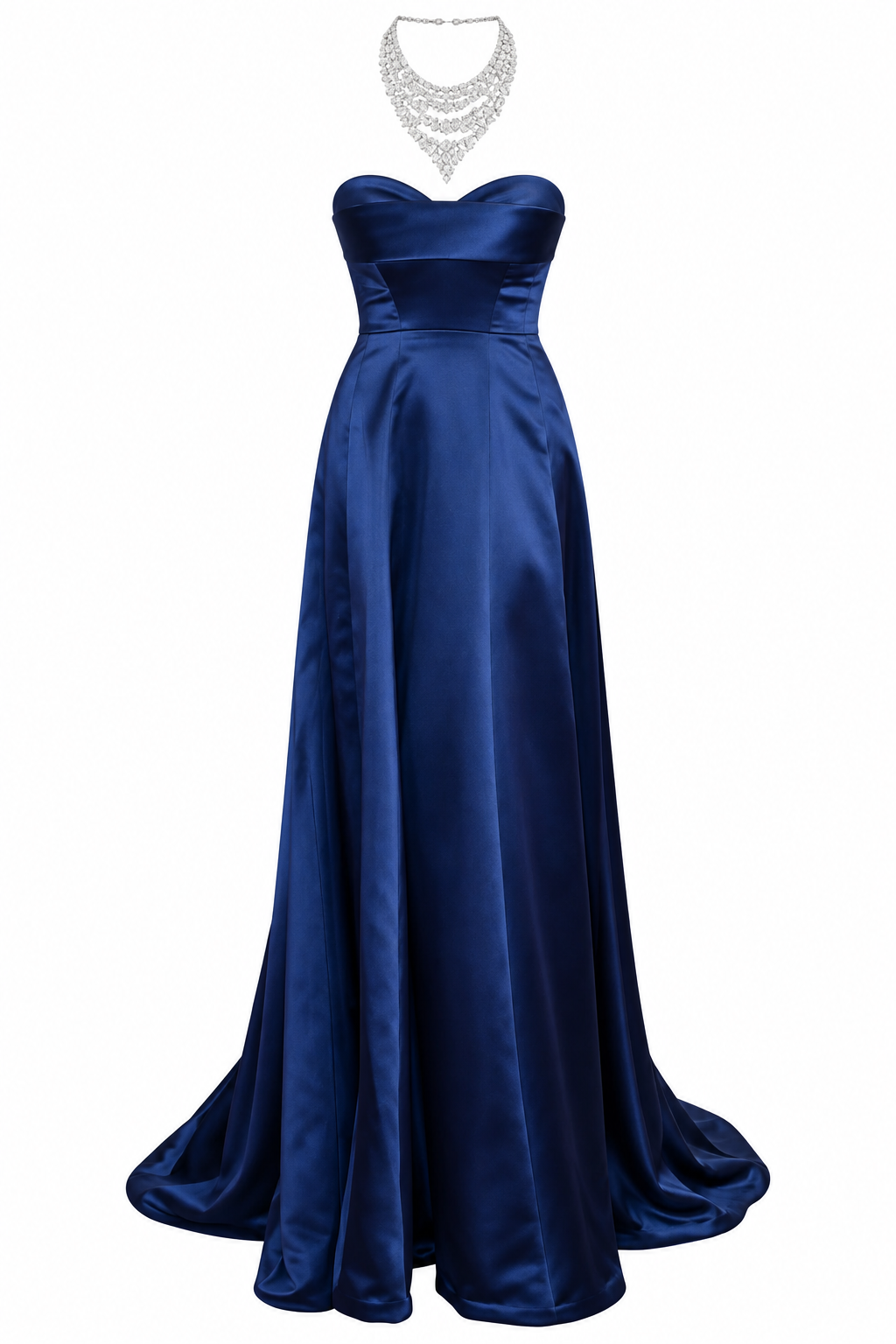 Midnight blue strapless satin gown