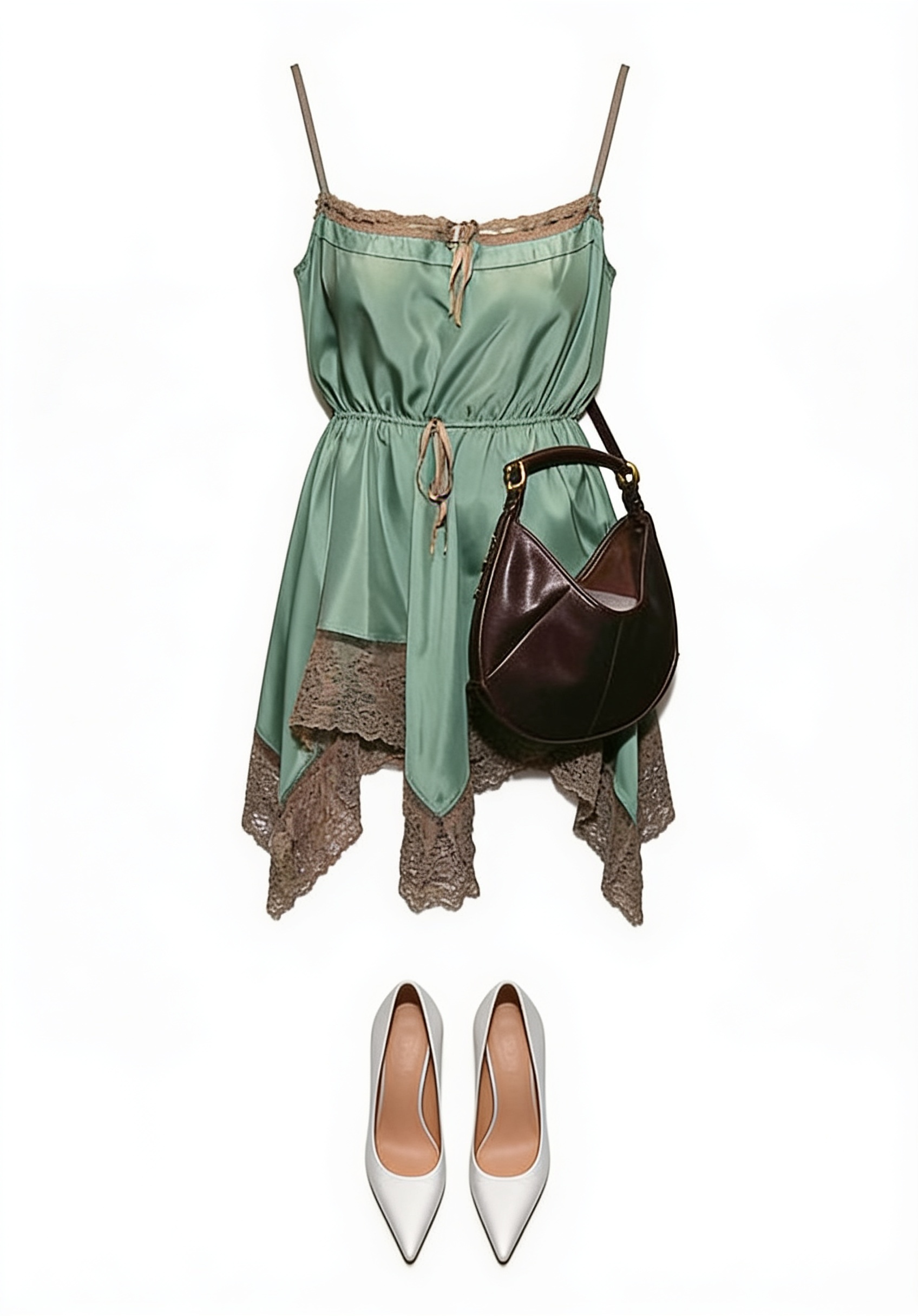 Sage lace-trim slip dress