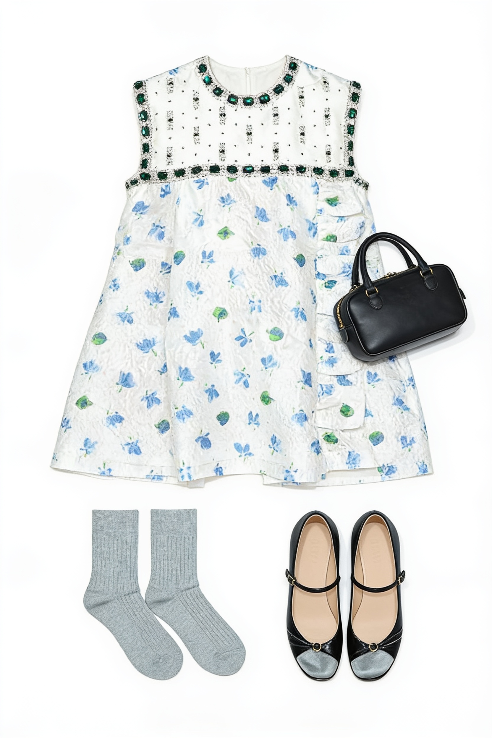 White printed mini dress and black Mary Janes