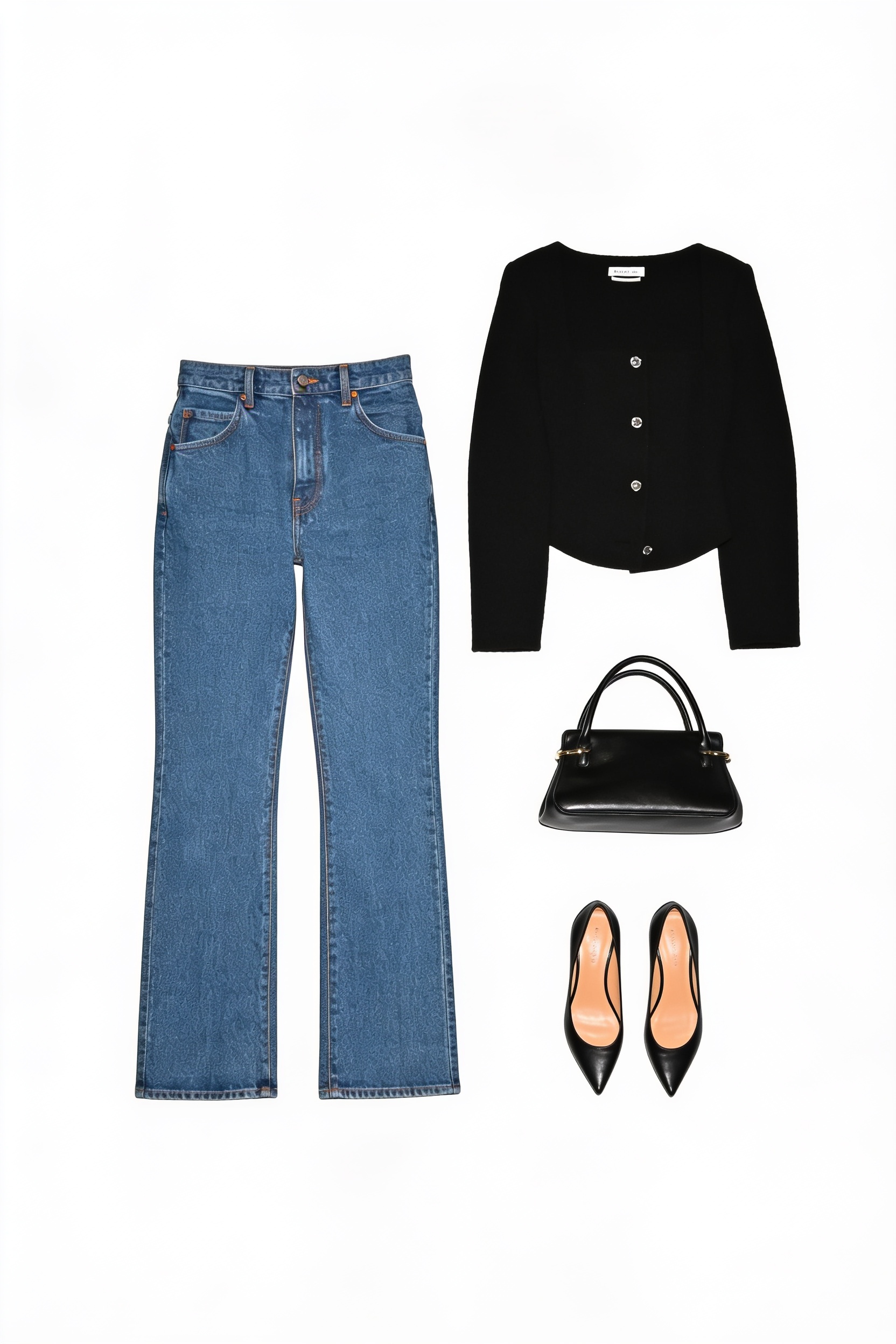 Black button cardigan and straight-leg jeans