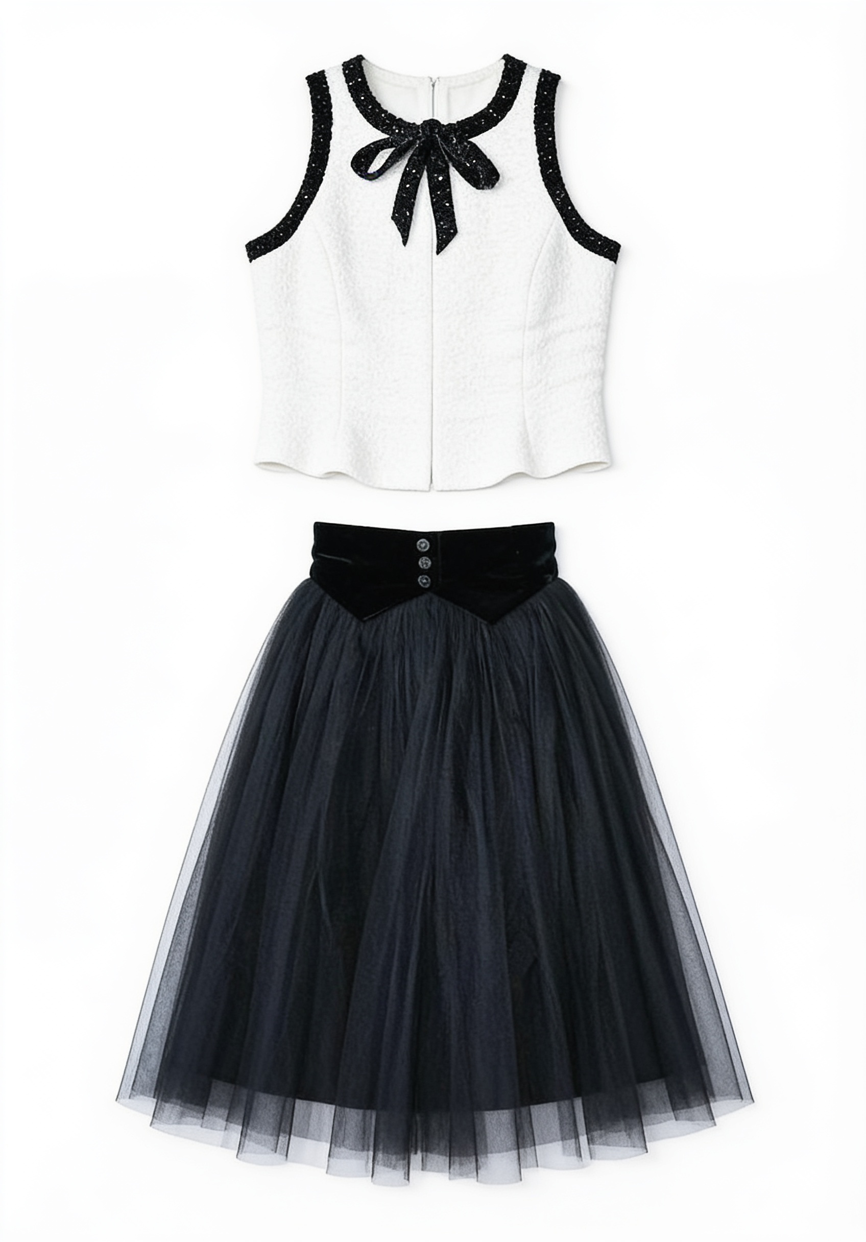 White bow-neck top and black full skirt