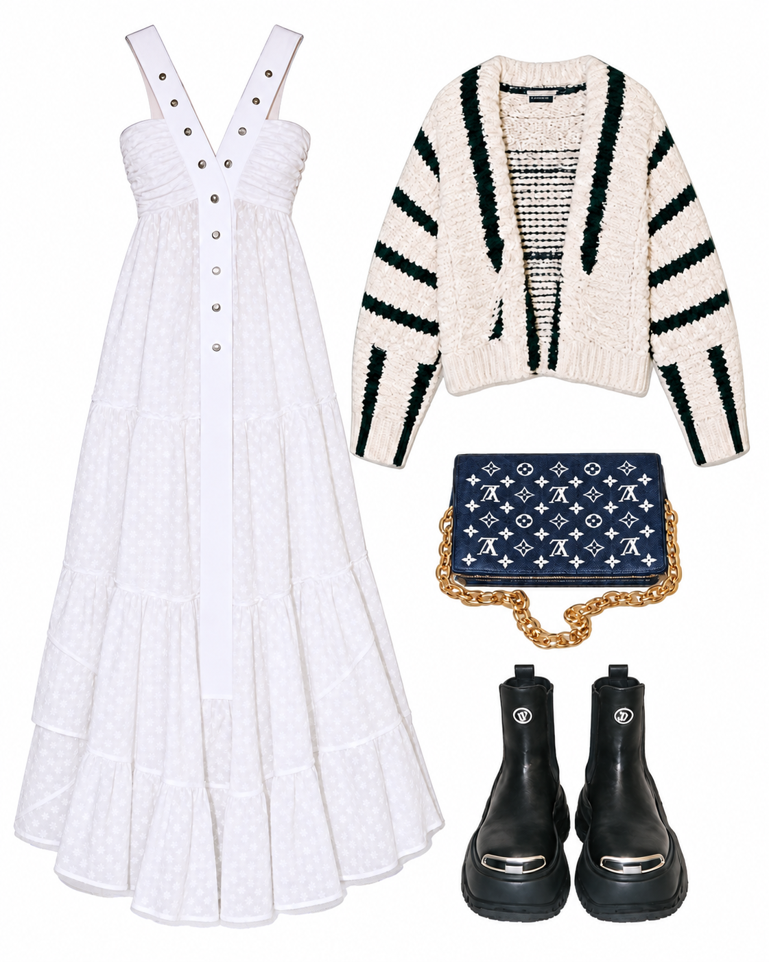 White maxi dress and striped cardigan