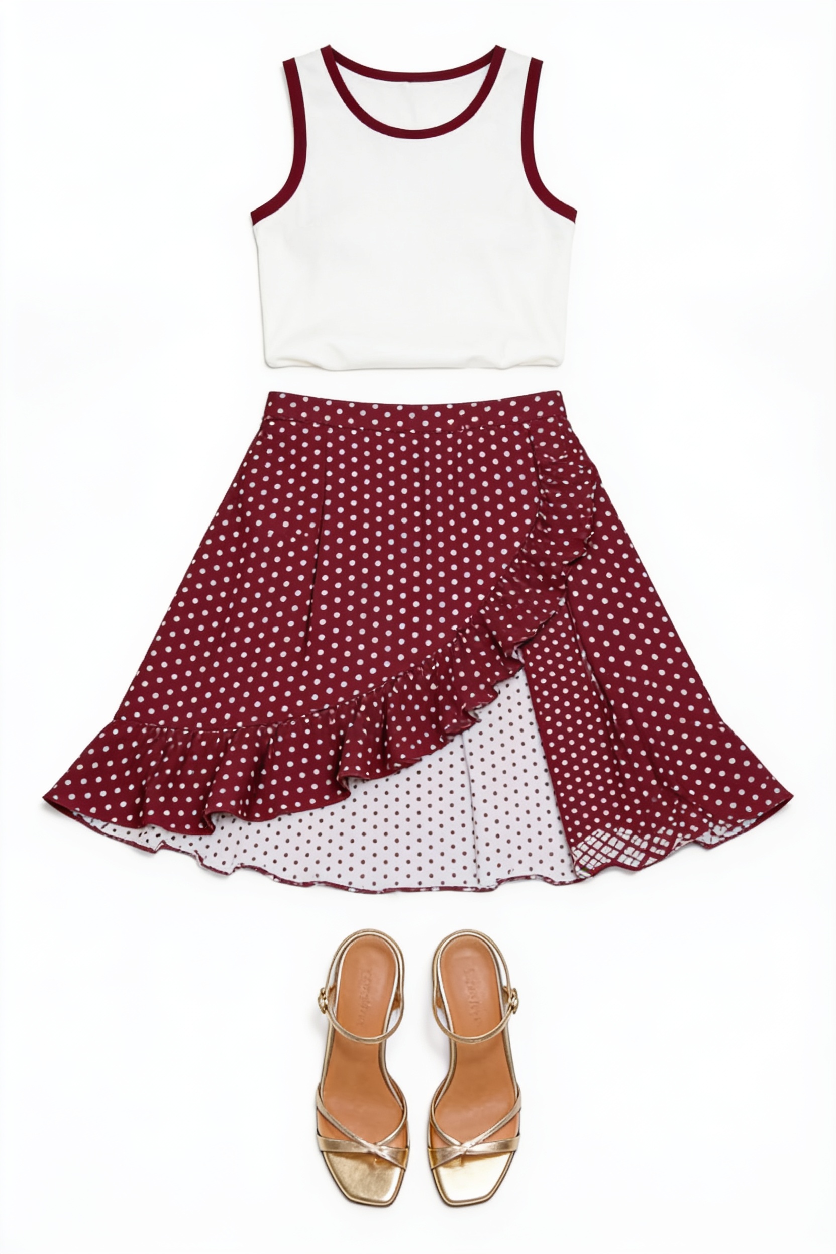 White tank and burgundy patterned asymmetric skirt