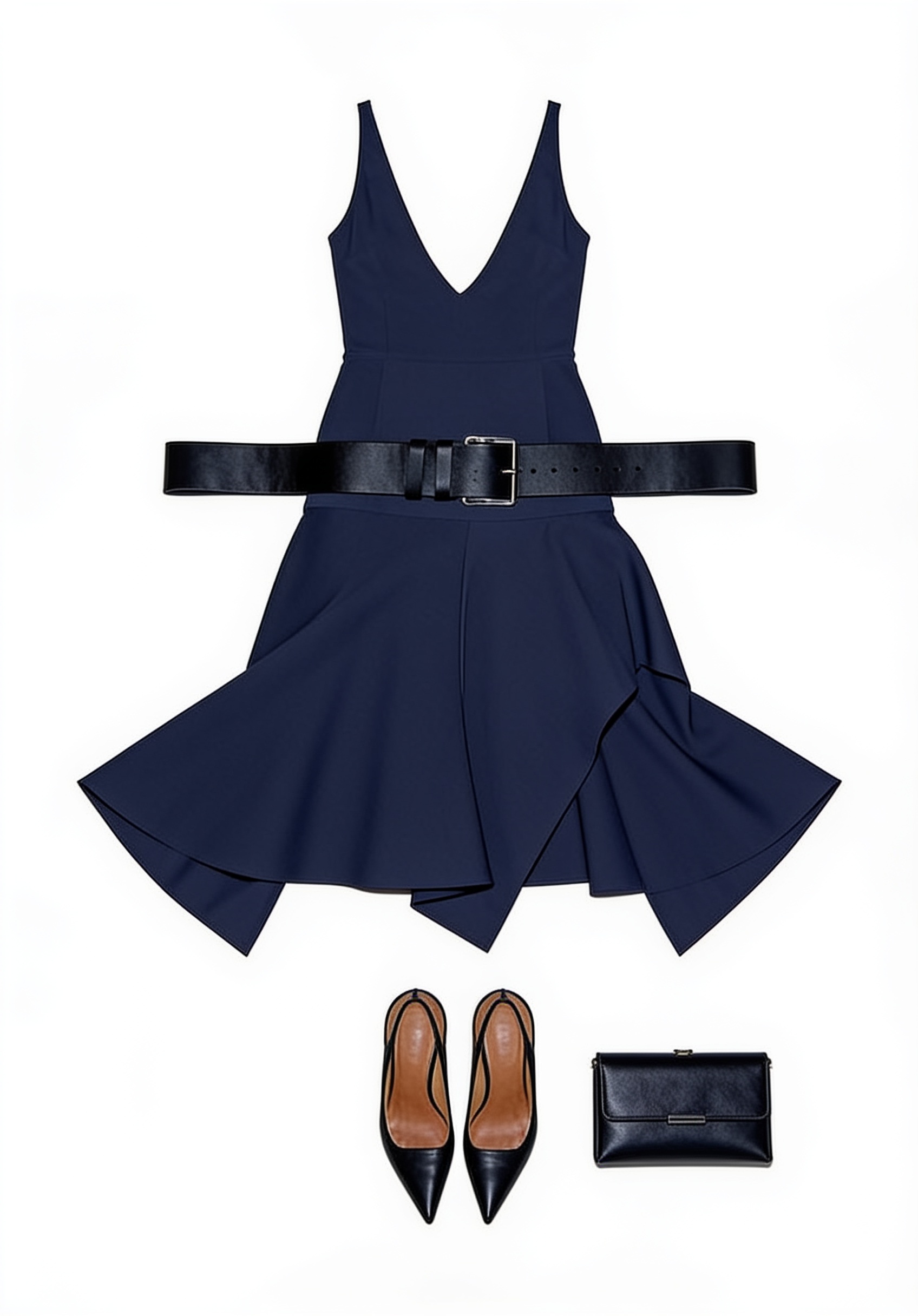 Navy belted asymmetric midi dress