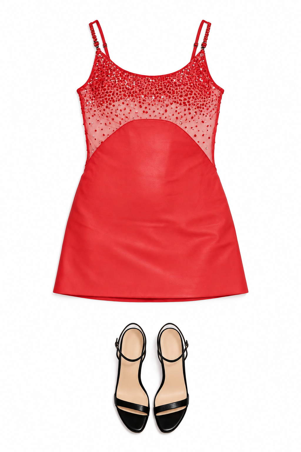 Red embellished mini dress and black heels