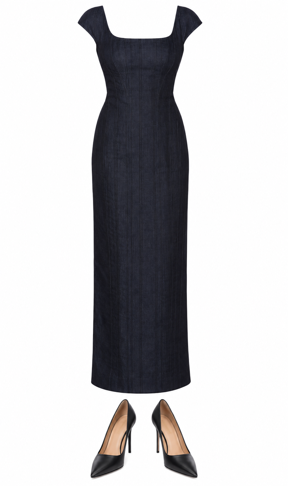 Navy pinstripe column dress and black pumps