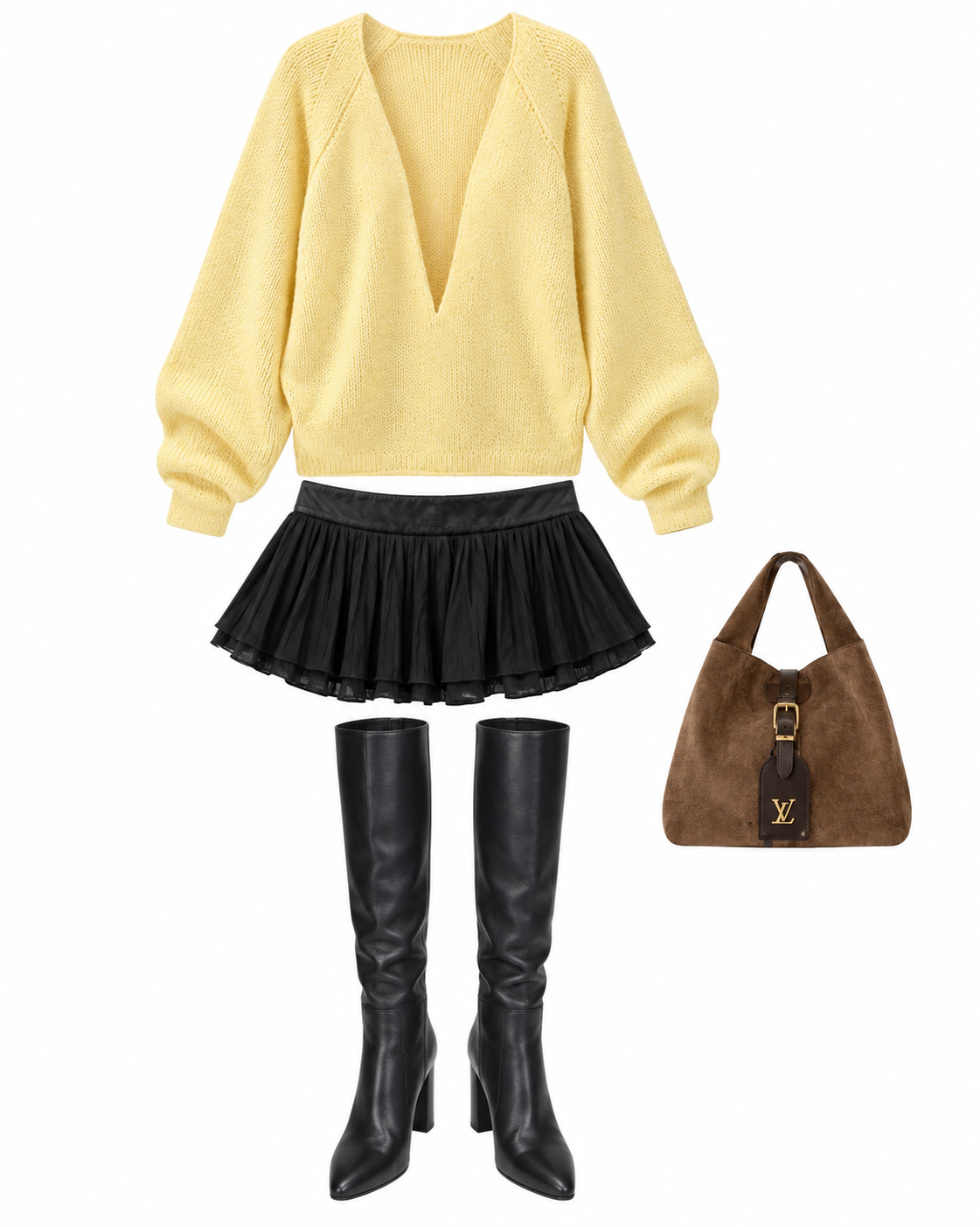 Pale yellow knit and black pleated mini skirt