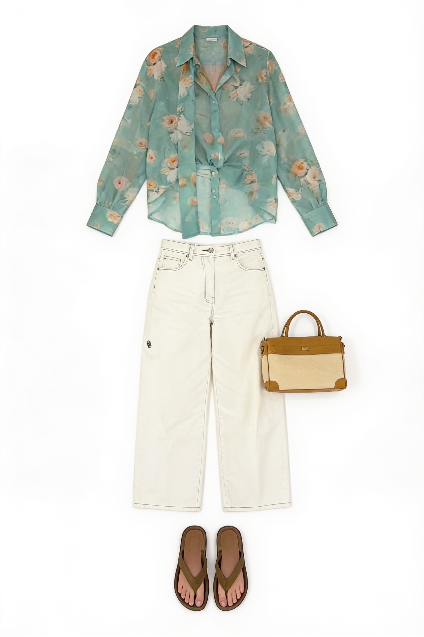 Aqua printed shirt and ivory trousers