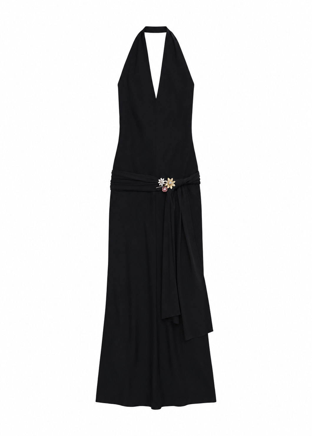 Black halterneck gown with gold hip detail