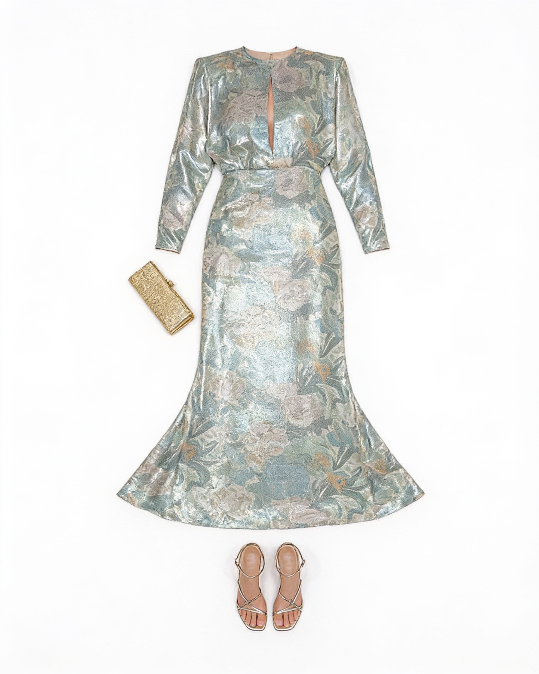 Silver metallic long-sleeve midi dress