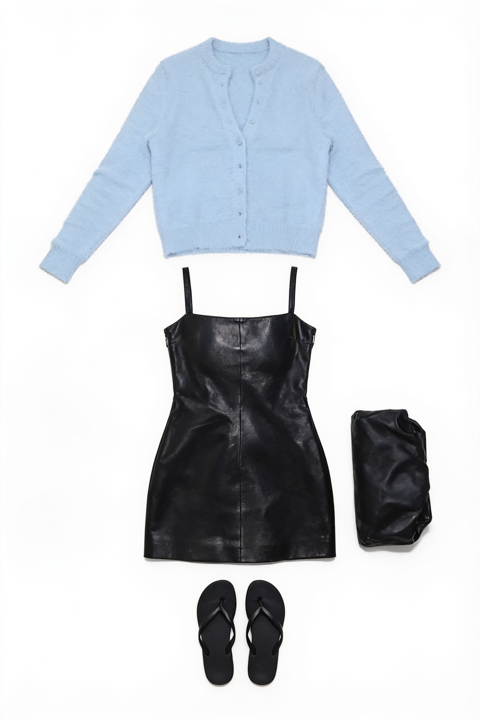 Black leather mini dress and pale blue cardigan
