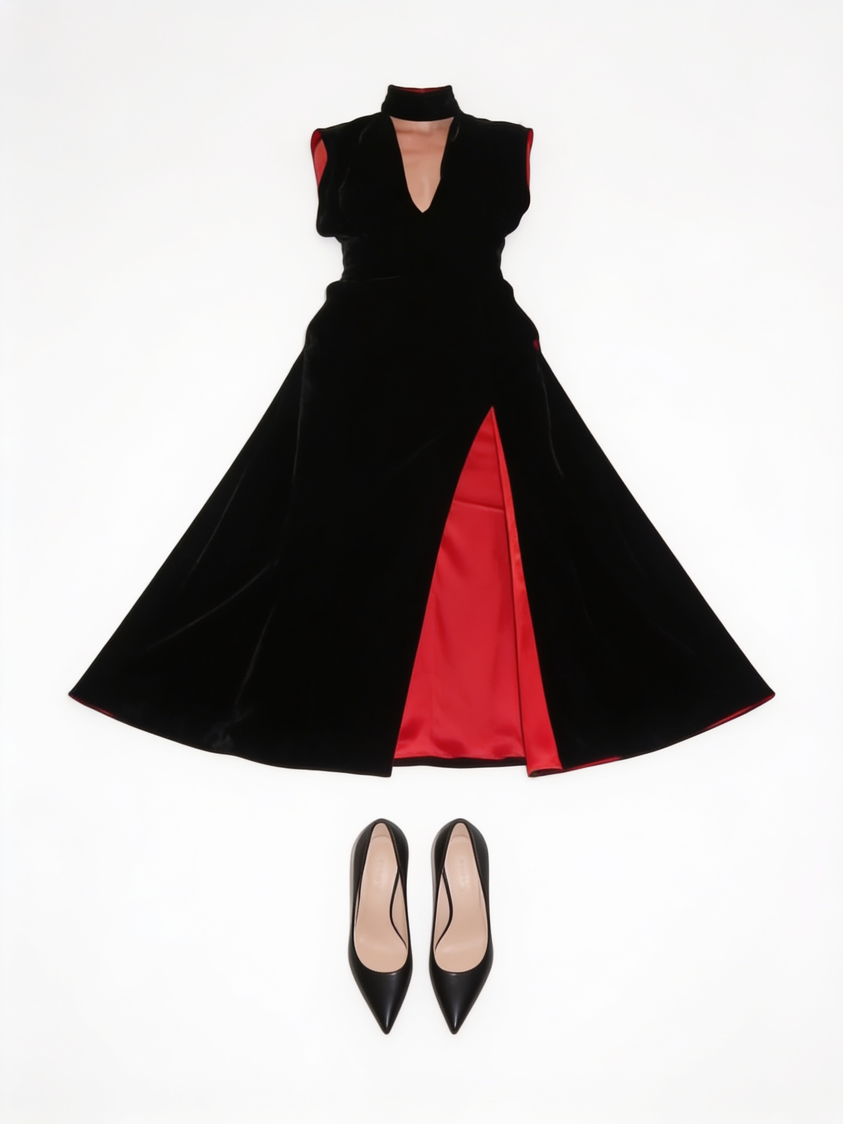 Black keyhole gown and pointed pumps