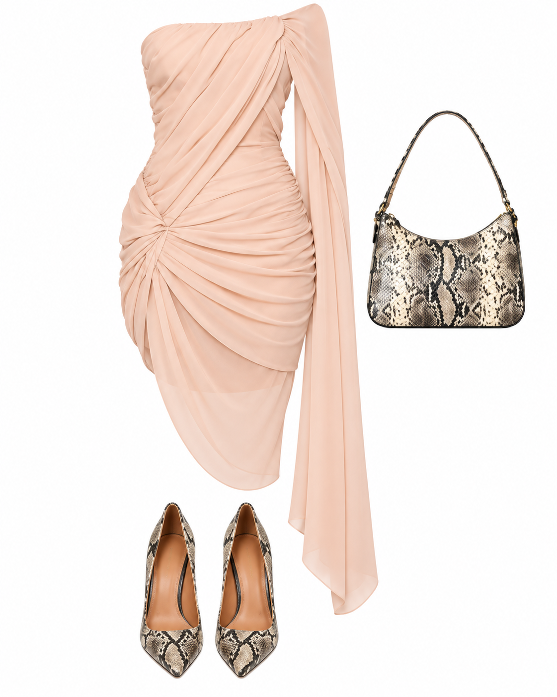 Blush draped mini dress and snakeskin accessories