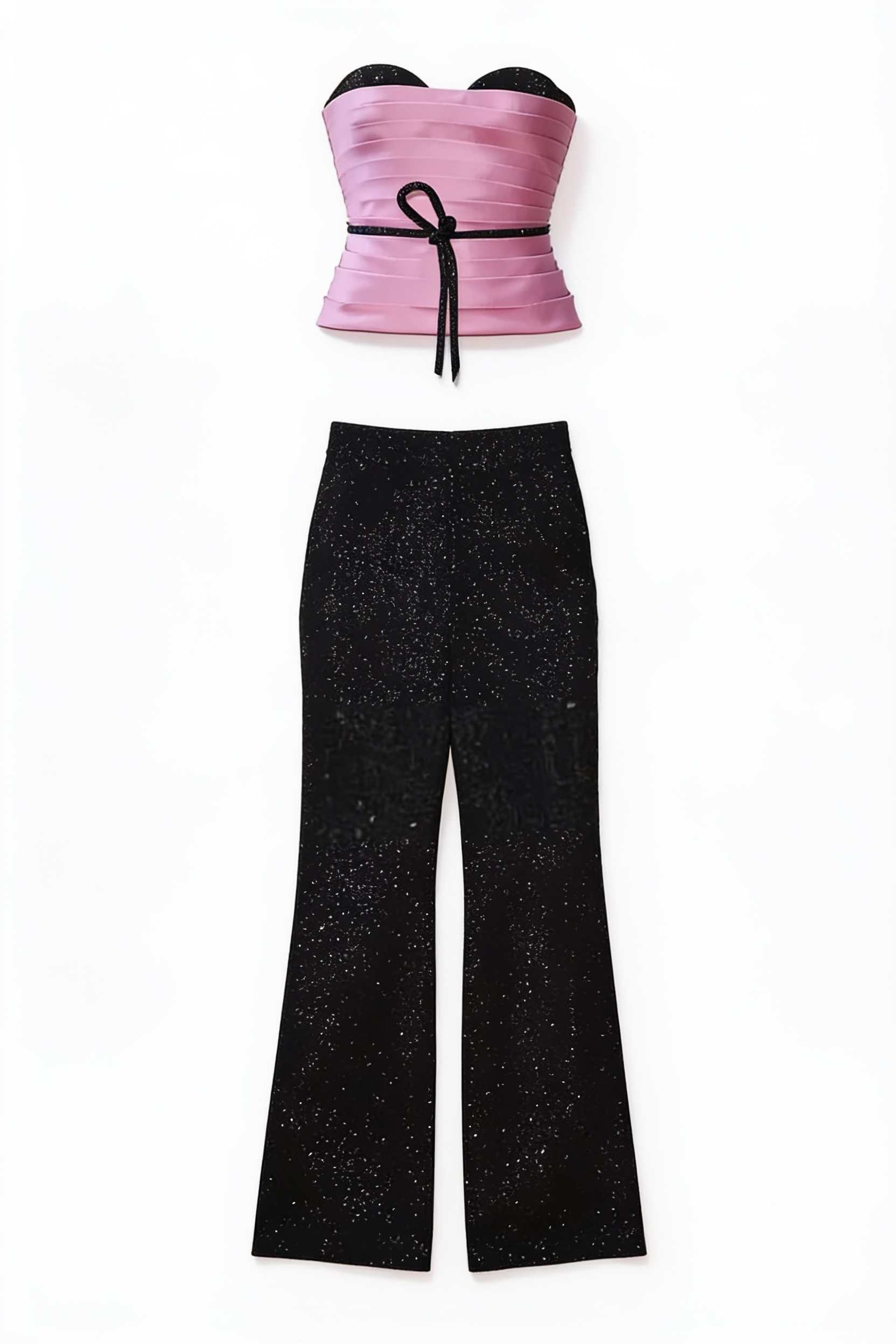 Pink strapless bodice and black wide-leg trousers