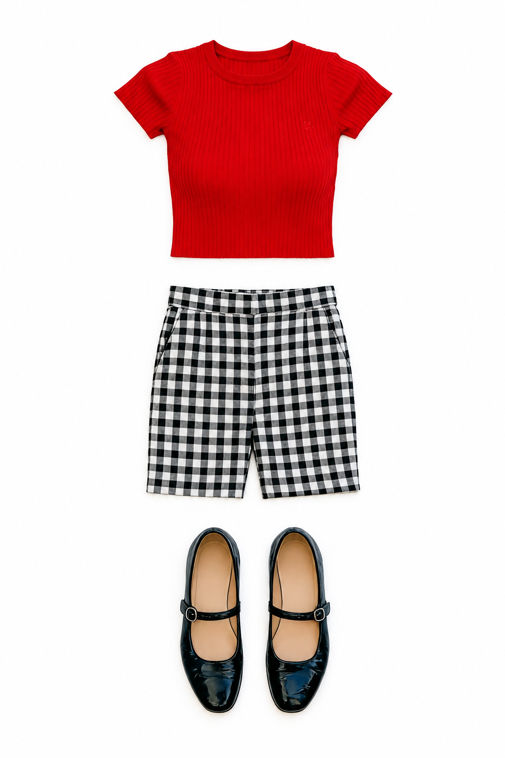 Red knit top and gingham shorts