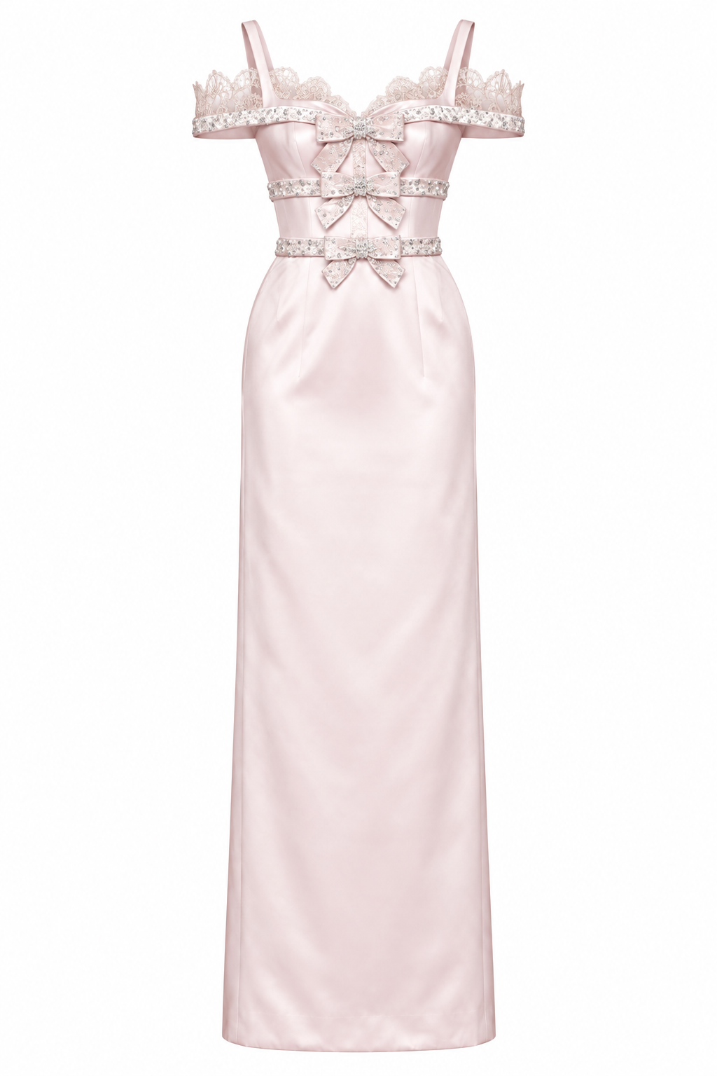 Blush satin gown with crystal bows