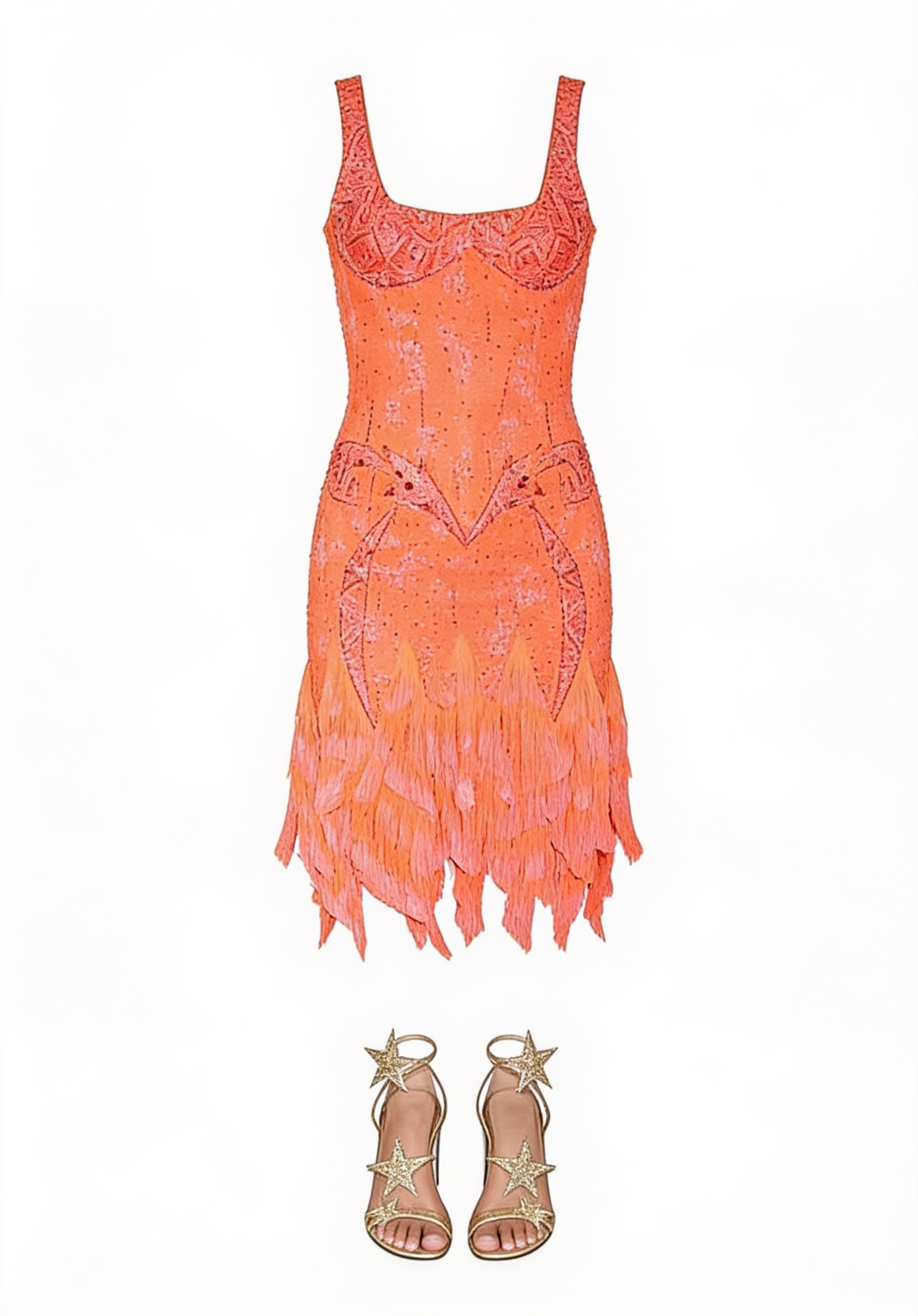 Coral fringe mini dress and metallic sandals