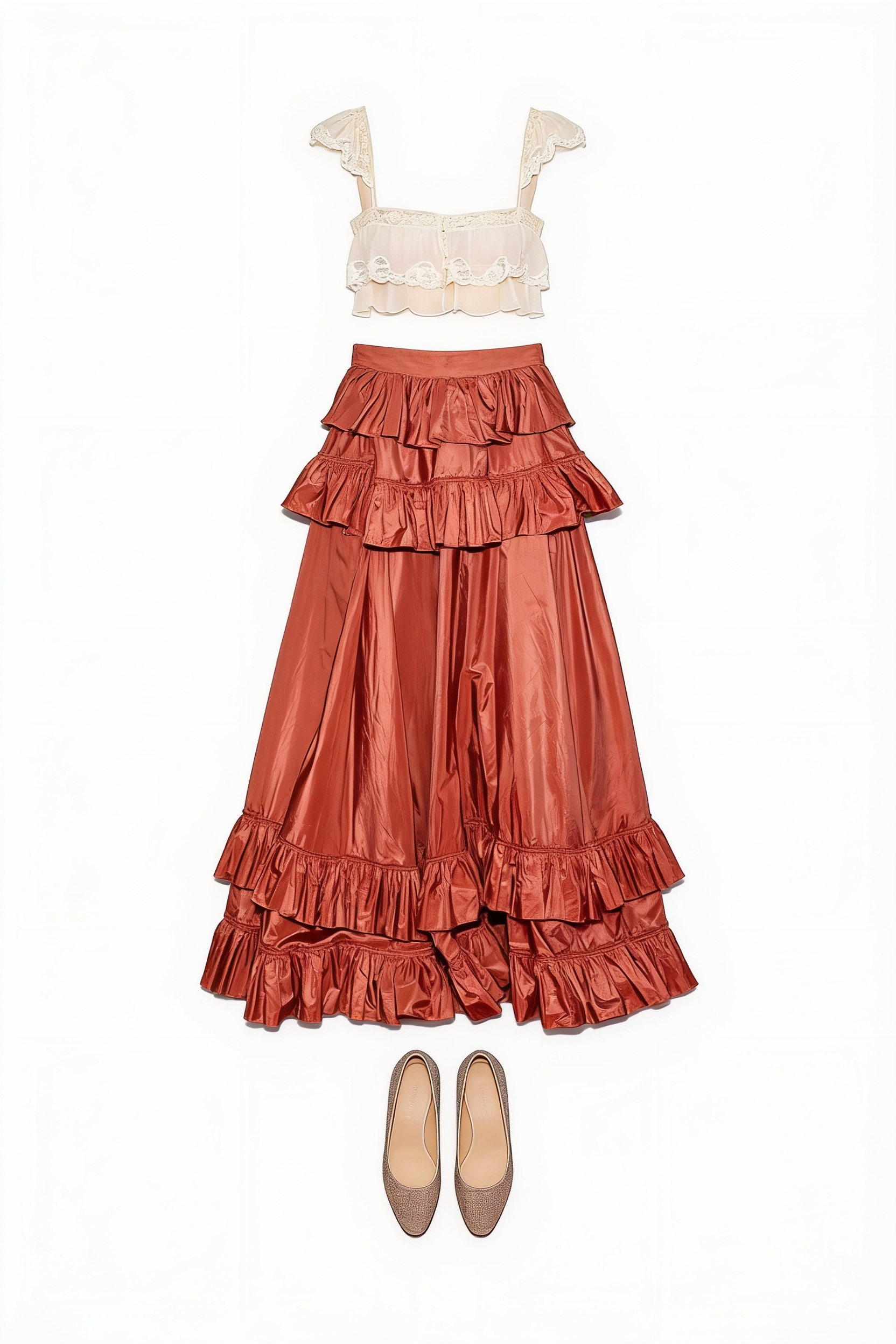 Ivory crop top and rust tiered maxi skirt
