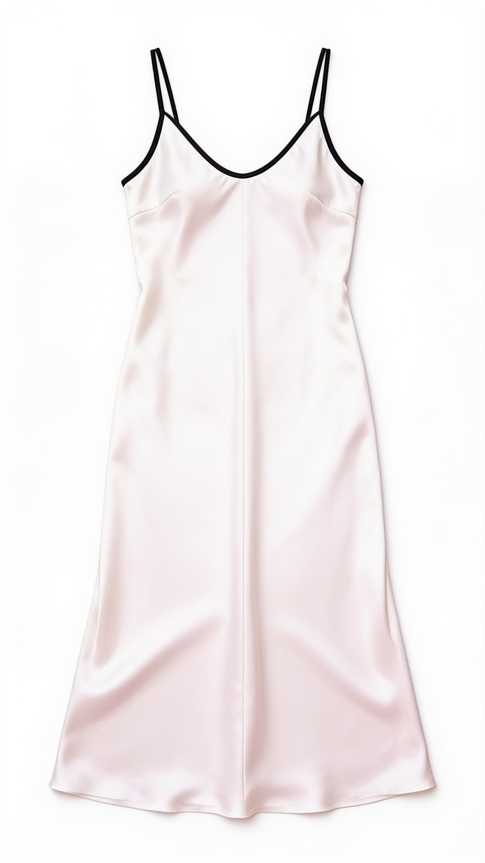 Blush satin slip dress with black trim