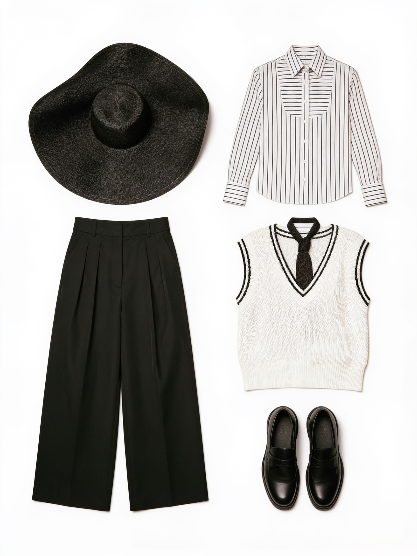 Cream sweater vest, striped shirt and black wide-leg trousers