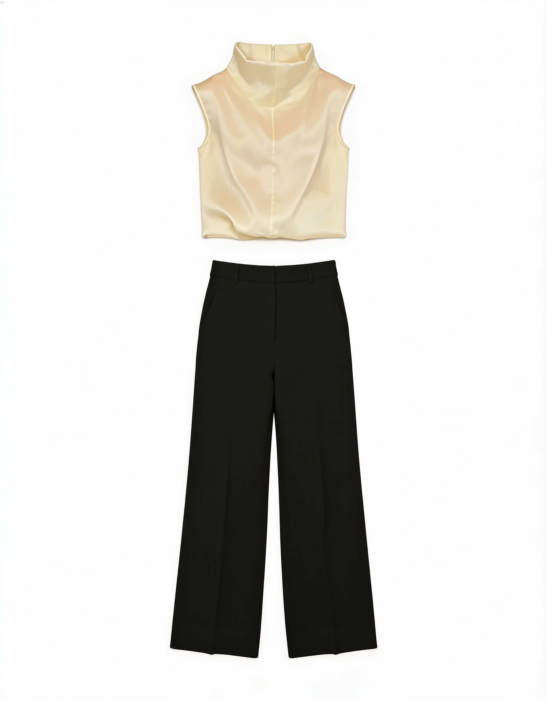 Ivory draped blouse and black flared trousers