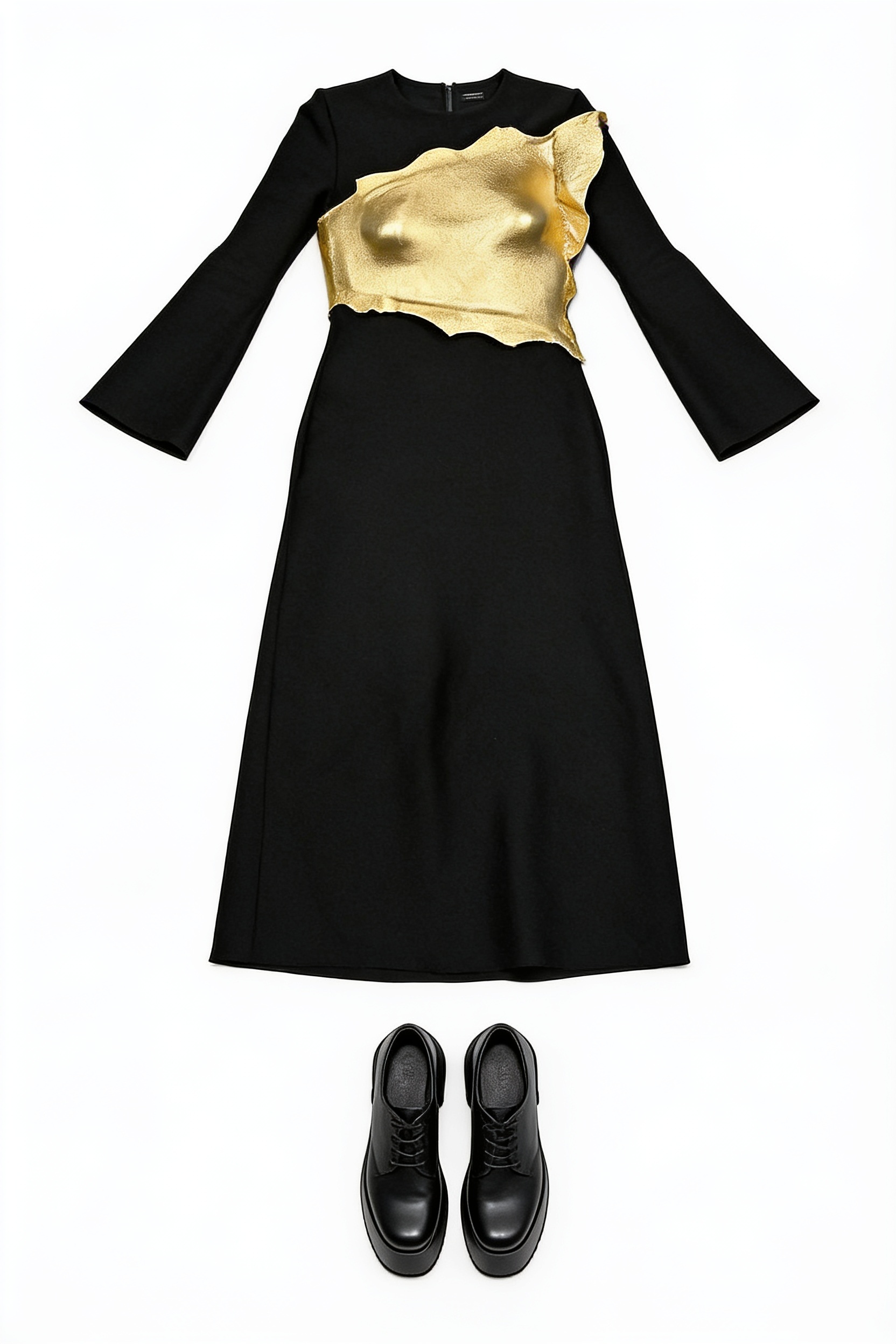 Black long-sleeve gown with sculpted gold bodice