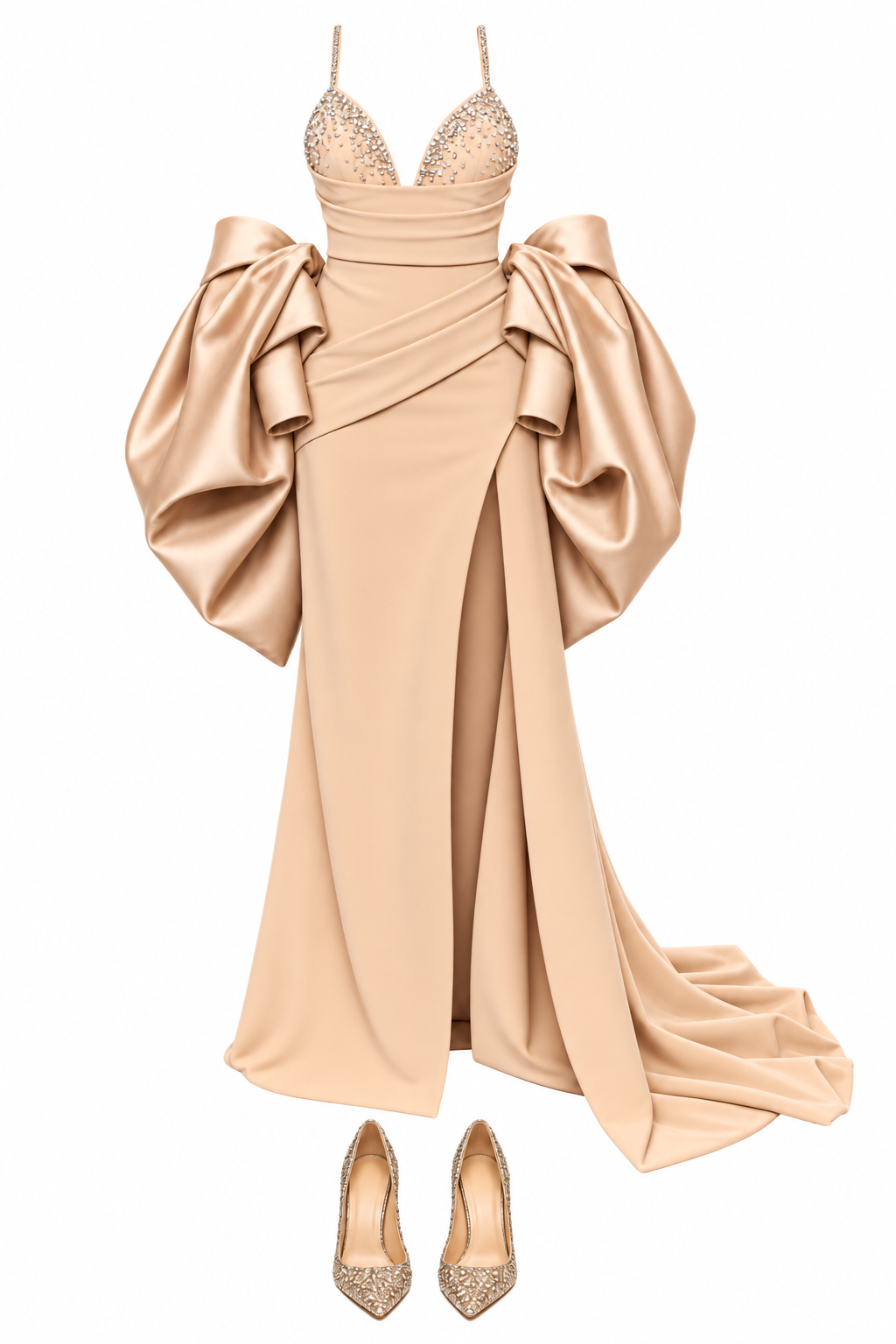 Champagne embellished gown and satin wrap