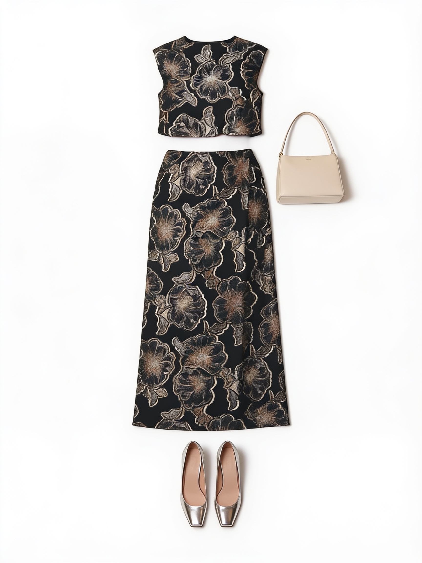 Black floral crop top and matching midi skirt