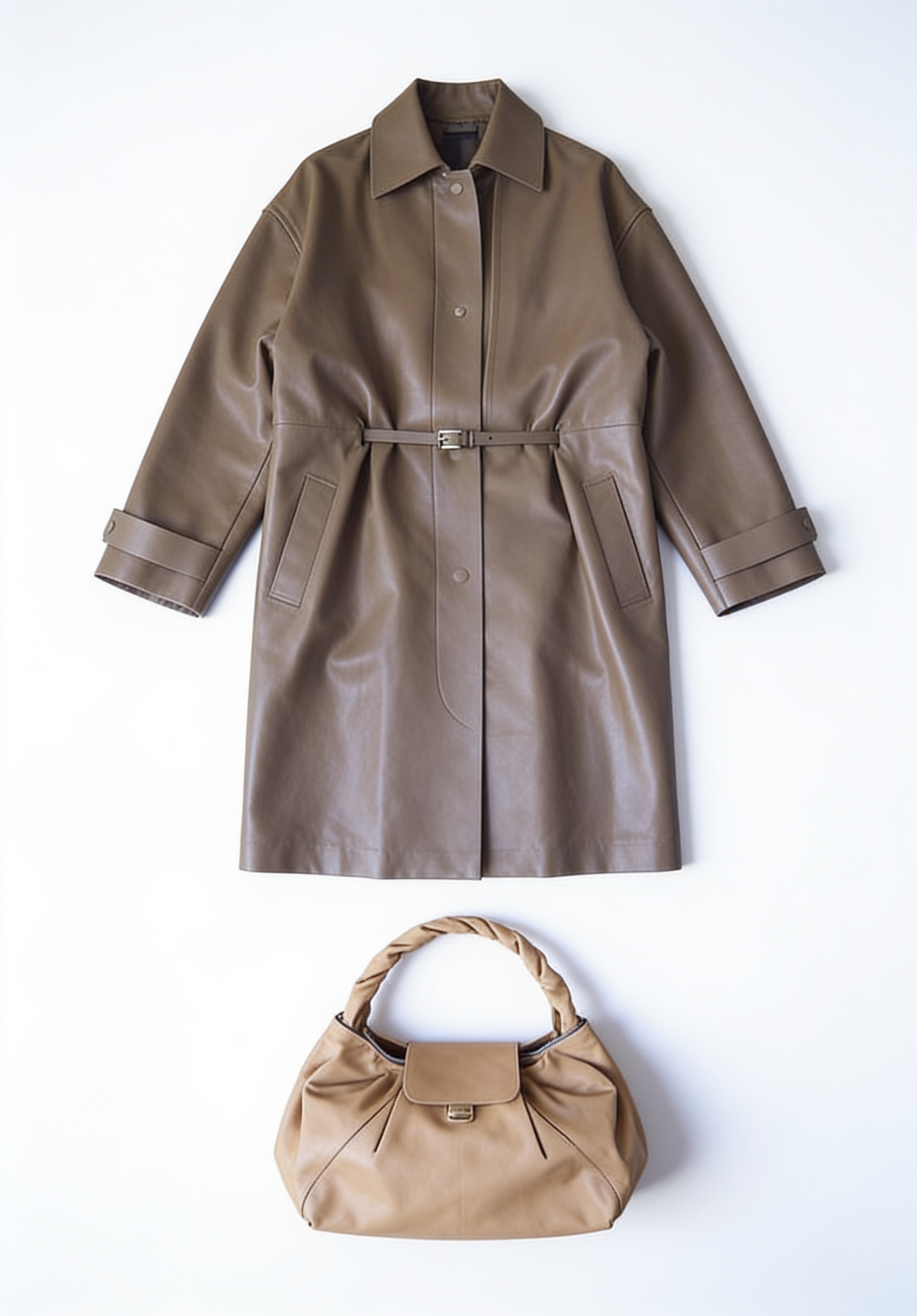 Brown belted leather coat and oversized bag